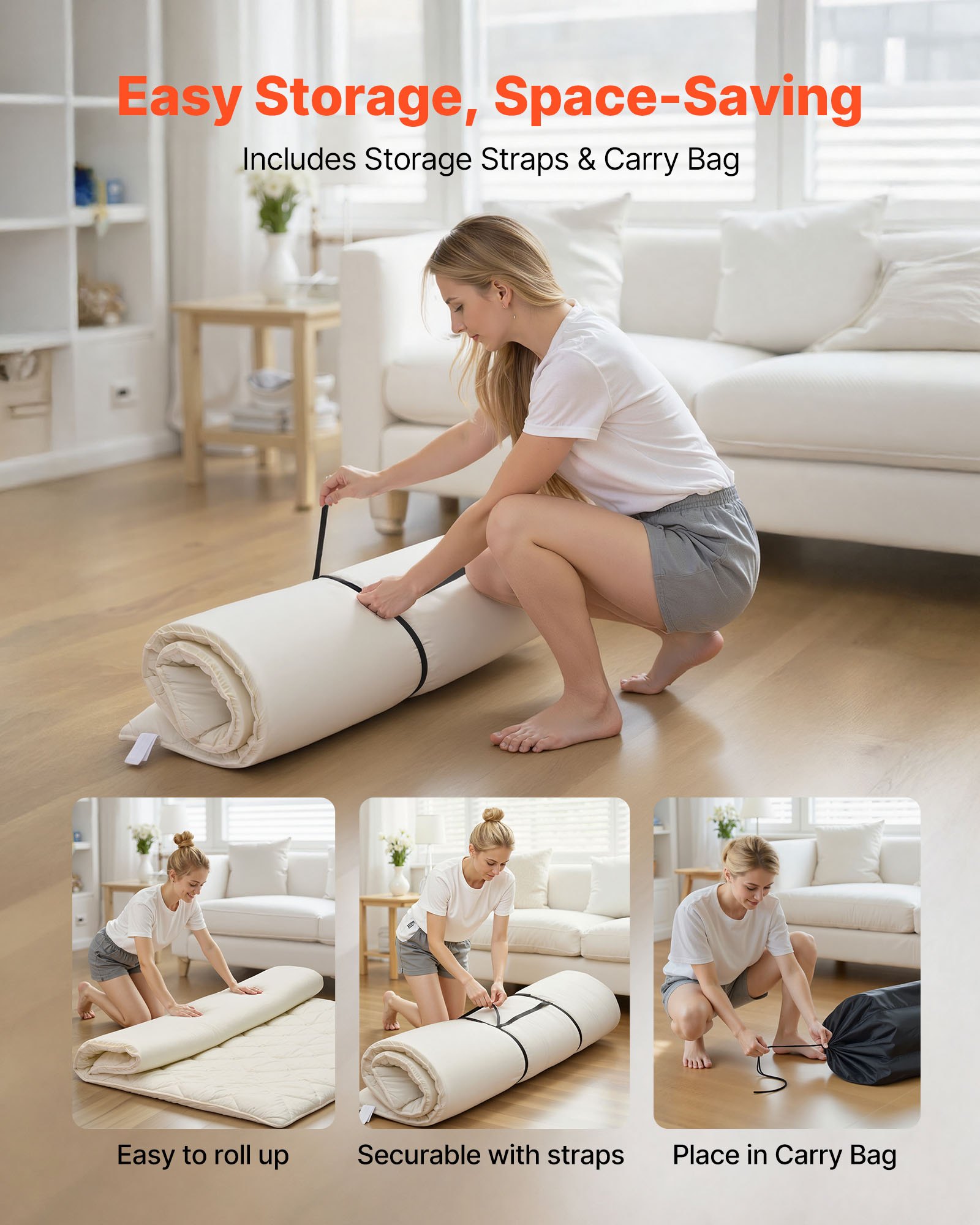 VEVOR japanische Futon-Matratze (2032 x 1524 x 63,5 mm), faltbare Tatami (Queen Size), Bodenmatratze mit Aufbewahrungstasche & Befestigungsmaterial, 9-lagige Schlafmatte für Meditation Yoga, Weiß