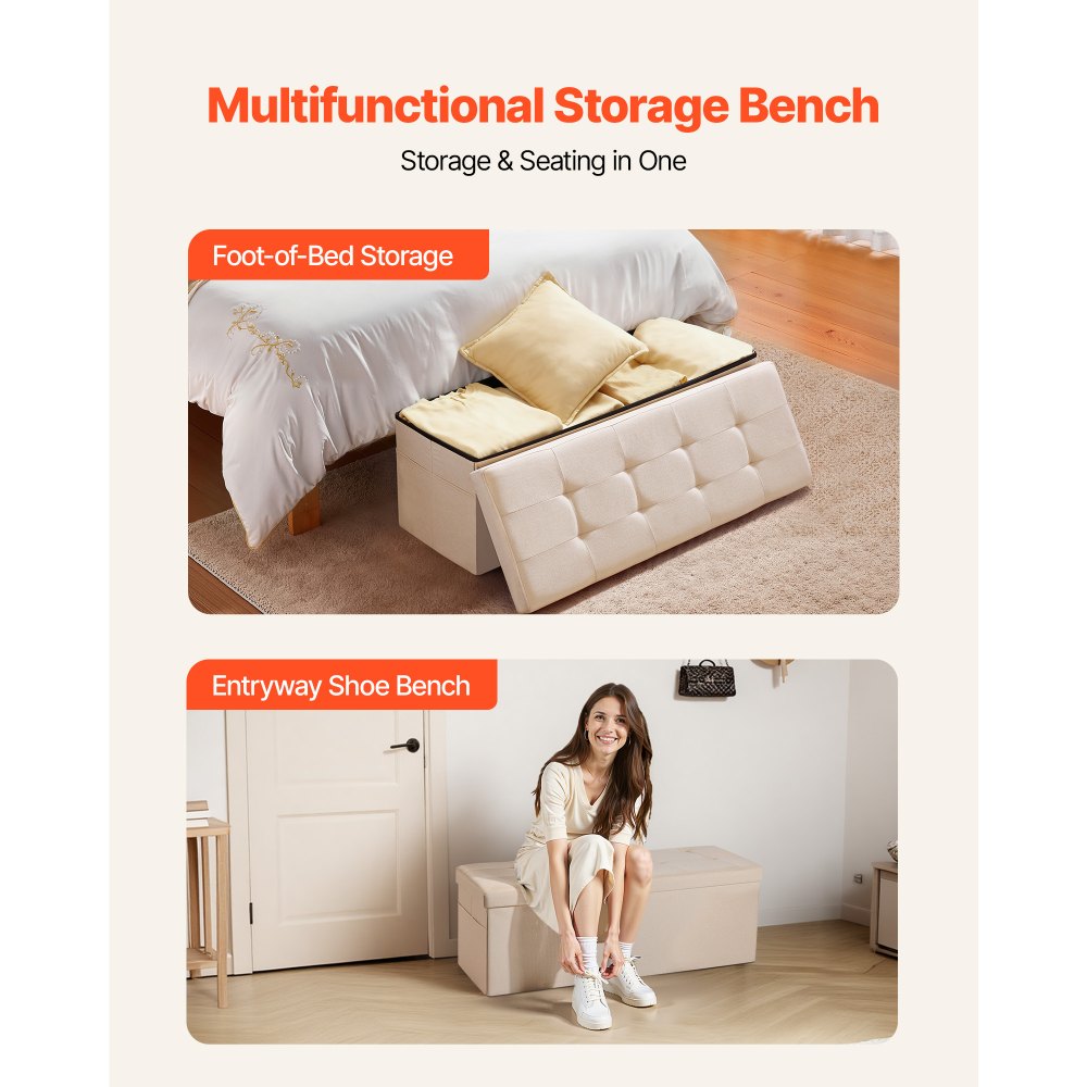 VEVOR faltbare Ottomane mit Stauraum (rechteckig), Fußbank mit Seitentaschen, klappbarer gepolsterter Sitzhocker bis 299,37 kg belastbar, 11 x 38 x 38 cm, für Wohnzimmer Schlafzimmer, Flur, Beige