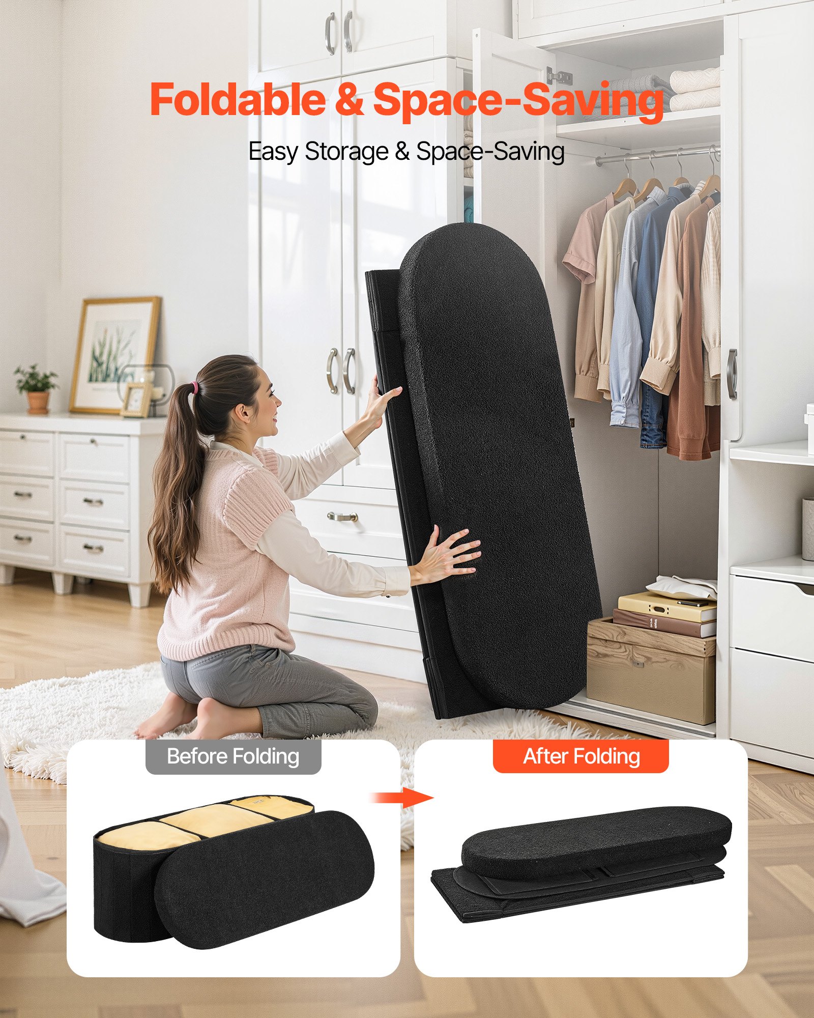 VEVOR Oval Storage Ottoman Bench, Foldable Teddy Fleece End of Bed Bench, Folding Upholstered Bed Ottoman Chest with Large Storage Space, Supports 660 lbs, for Living Room, Bedroom, Entryway, Black