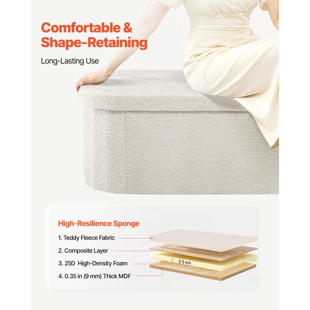 VEVOR Oval Storage Ottoman Bench, Foldable Teddy Fleece End of Bed Bench, Folding Upholstered Bed Ottoman Chest with Large Storage Space, Supports 660 lbs, for Living Room, Bedroom, Entryway, Beige