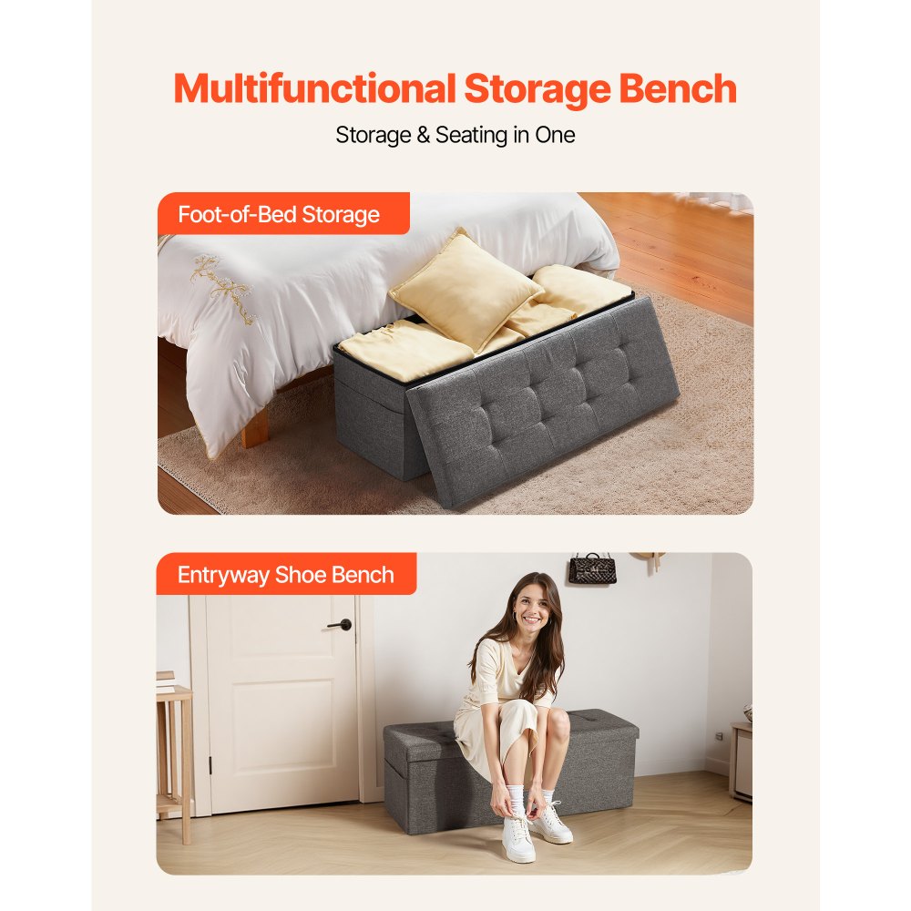 VEVOR faltbare Ottomane mit Stauraum (rechteckig), Fußbank mit Seitentaschen, klappbarer gepolsterter Sitzhocker bis 299,37 kg belastbar, 11 x 38 x 38 cm, für Wohnzimmer Schlafzimmer, Flur, Grau