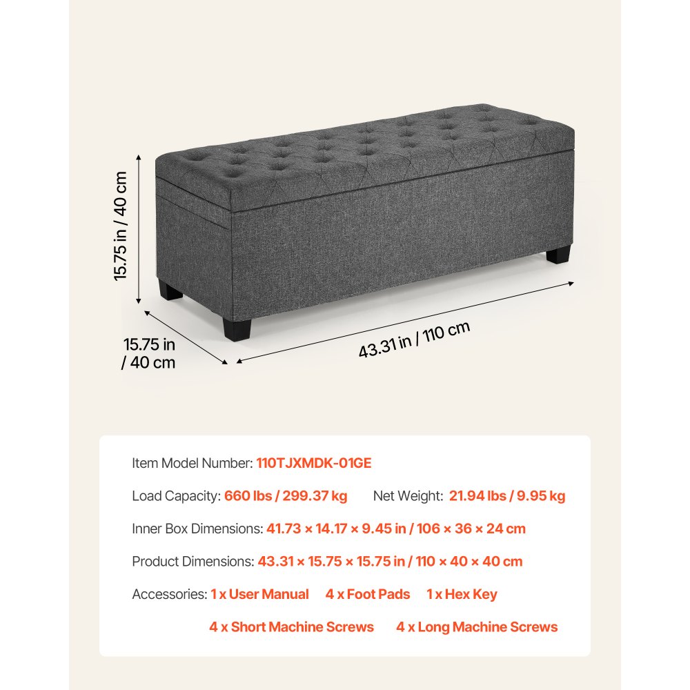 VEVOR Sitzhocker mit Stauraum 110 x 40 x 40 cm Fußbank Aufbewahrungsbox bis 299,37 kg belastbar, hochklappbare gepolsterte Sitzbank mit Metallrahmen, Ottomane für Wohnzimmer Schlafzimmer Flur Grau