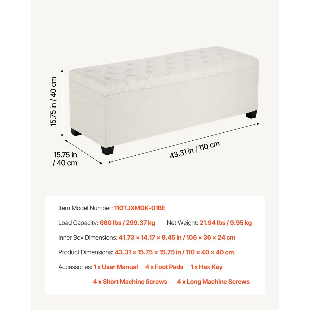 VEVOR Sitzhocker mit Stauraum 110 x 40 x 40 cm Fußbank Aufbewahrungsbox bis 299,37 kg belastbar, hochklappbare gepolsterte Sitzbank mit Metallrahmen, Ottomane für Wohnzimmer Schlafzimmer Beige