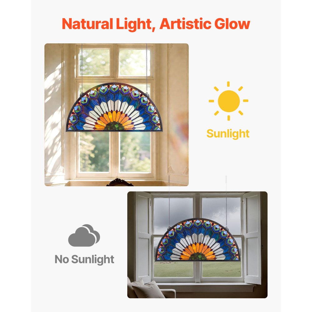 VEVOR Buntglasfensterpaneel (913 x 465 mm) hängendes Buntglas mit Kette, großes halbrundes Buntglas zum Aufhängen, traditionelles Vintage-Kunsthandwerk Fensterdekor für Küche & Heimdekor