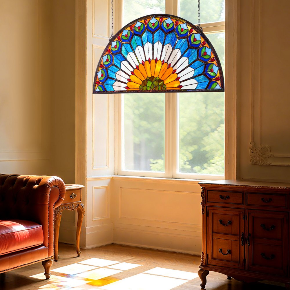 VEVOR Buntglasfensterpaneel (913 x 465 mm) hängendes Buntglas mit Kette, großes halbrundes Buntglas zum Aufhängen, traditionelles Vintage-Kunsthandwerk Fensterdekor für Küche & Heimdekor