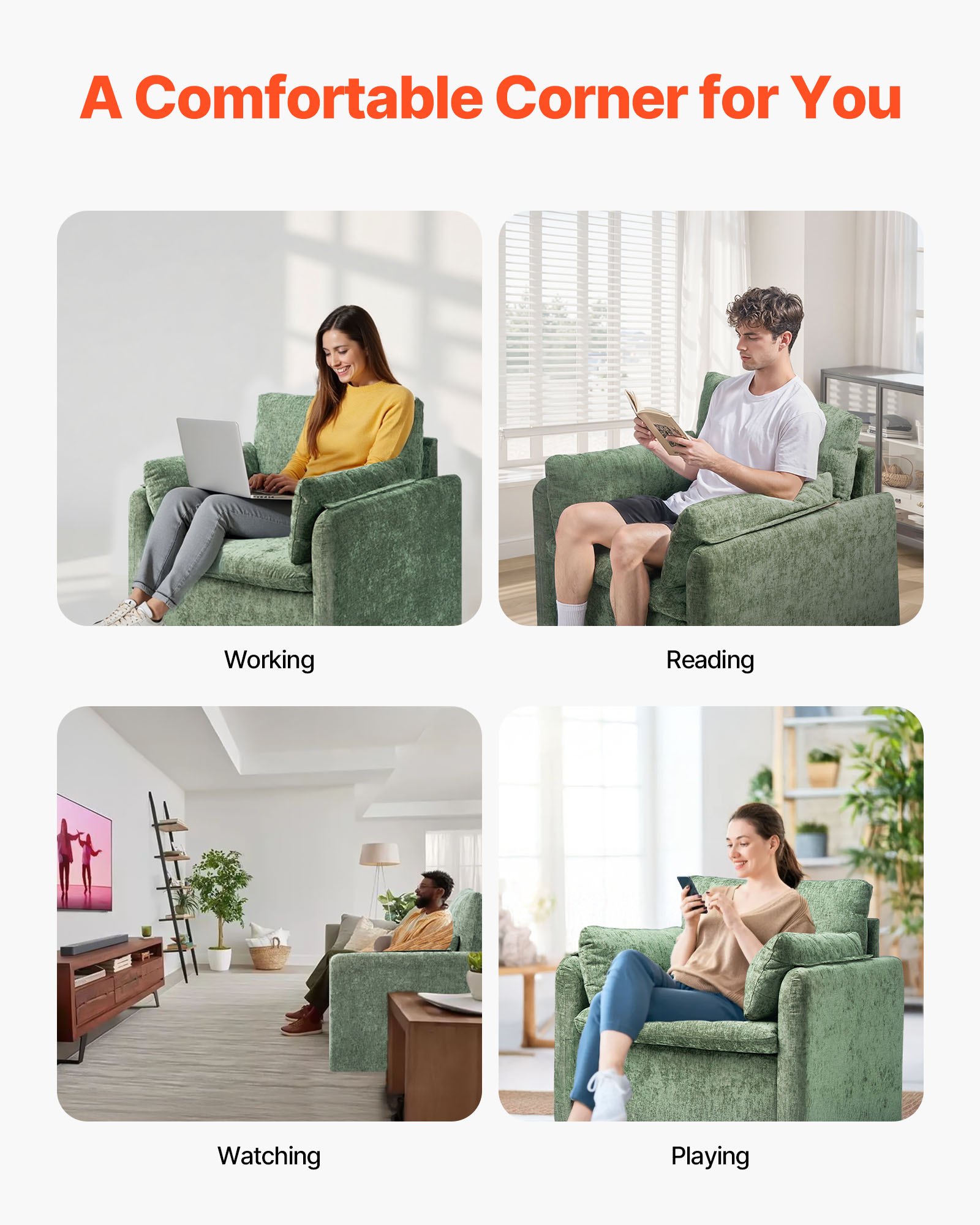 VEVOR grüner Akzentstuhl, moderner gepolsterter Loungesessel mit Armlehnen, Stoffsessel mit dickem Kissen & gewölbter Rückenlehne, einzelner Sessel für Wohnzimmer Schlafzimmer Arbeitszimmer Büro