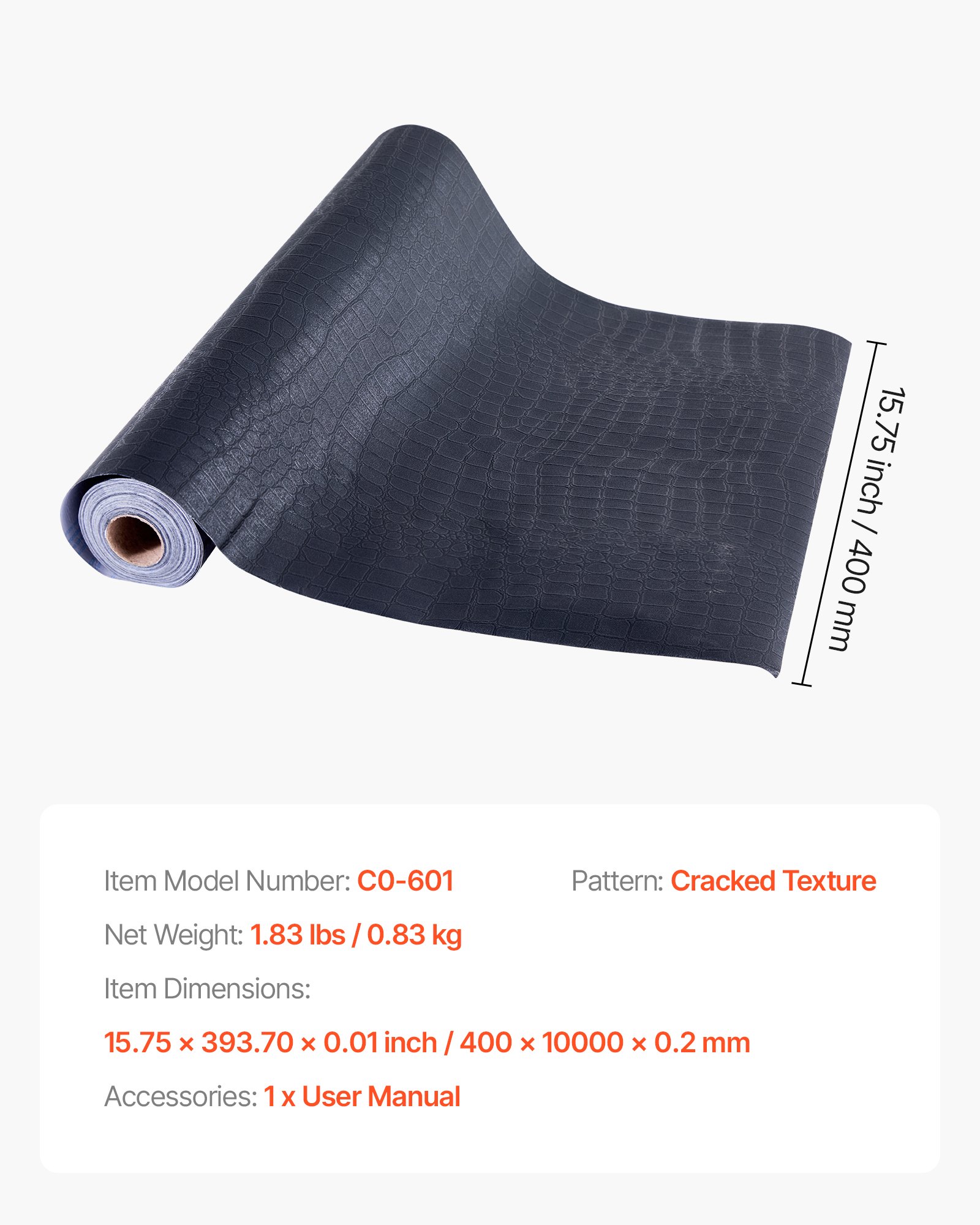 VEVOR Tapete selbstklebend, 40 cm x 10 m, Wandtapete, Klebefolie mit rissiger Struktur, Möbelfolie, Möbelaufkleber, dekorative Vinylrolle für Schlafzimmer, Küche, Büro, Badezimmer, Schwarz