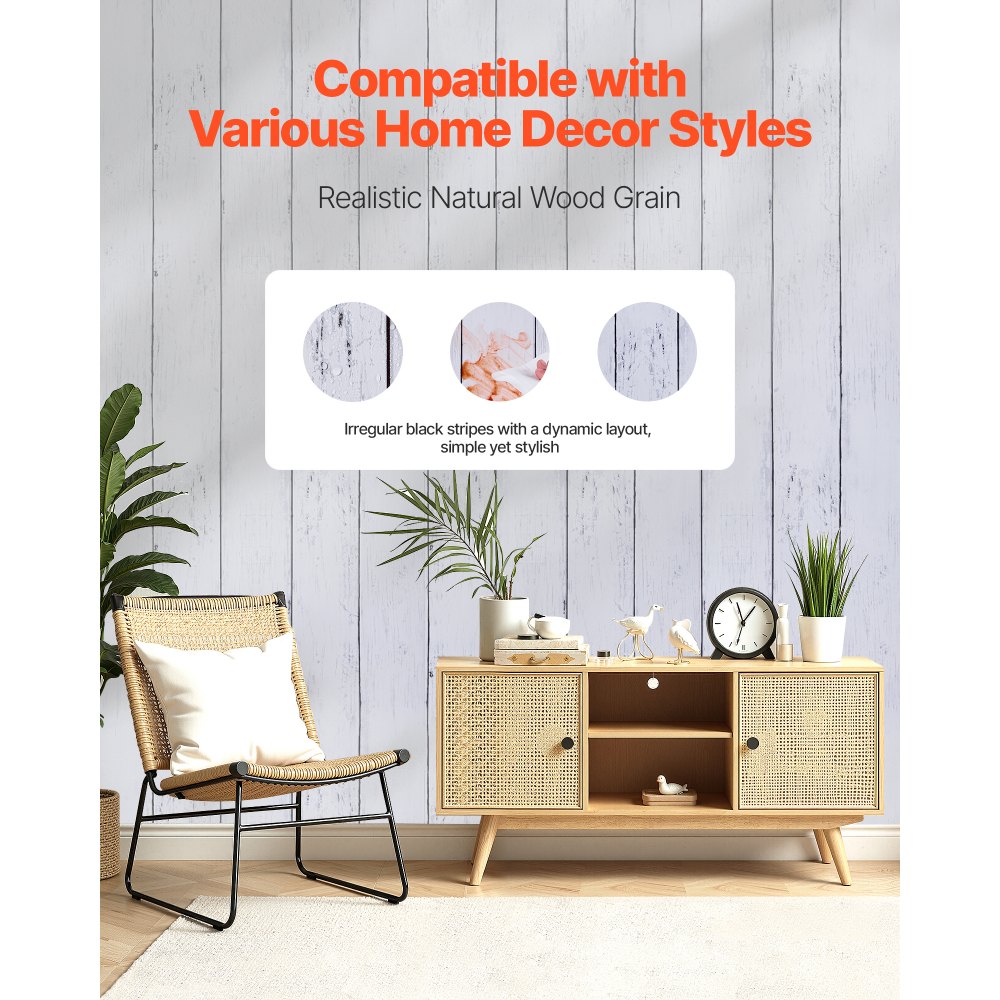 VEVOR Tapete selbstklebend, 45 cm x 12 m, Wandtapete, Klebefolie mit weißer Holzstruktur, wasserfest, Möbelfolie, dekorative Vinylrolle für Schlafzimmer, Küche, Büro, Badezimmer, Möbel