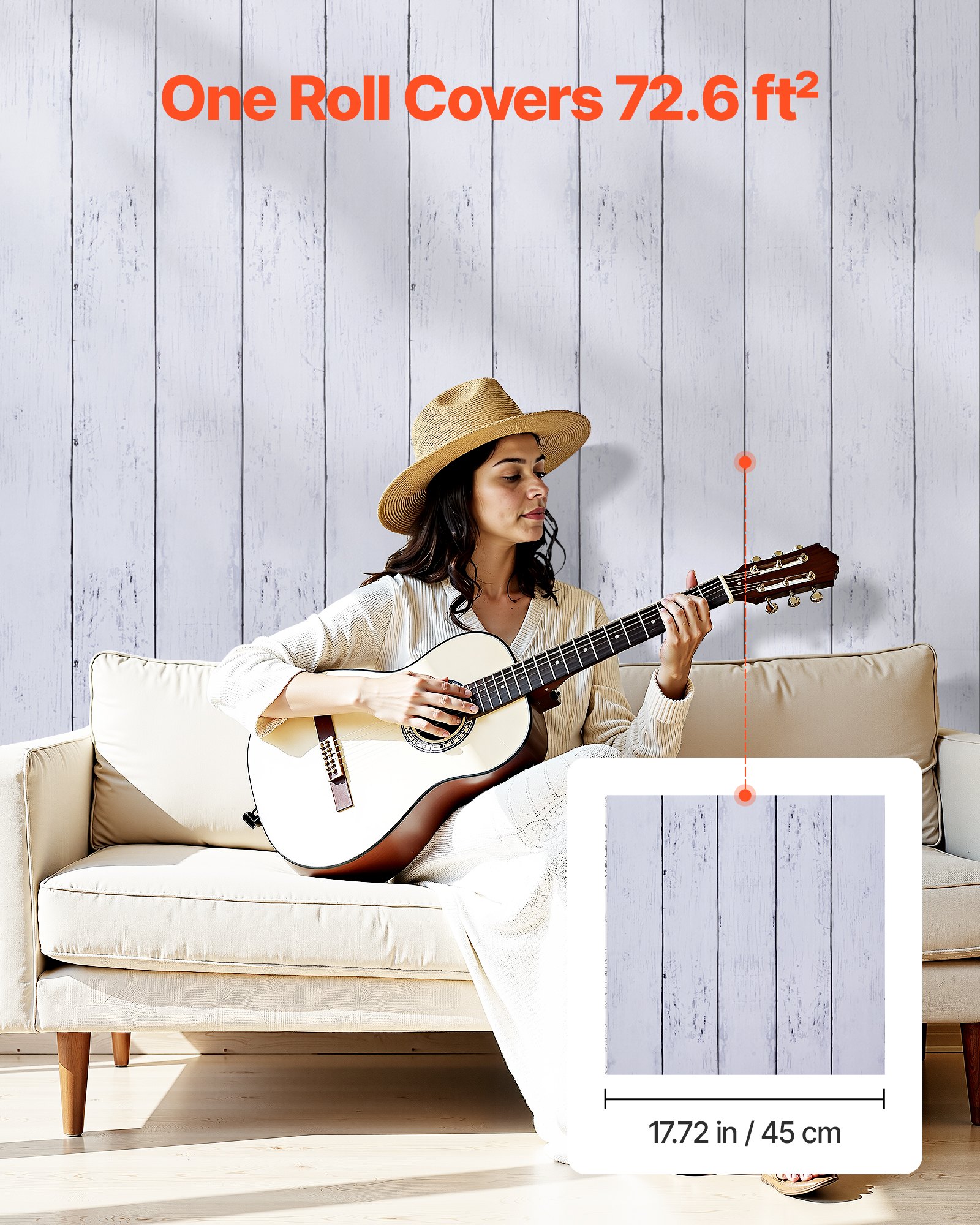 VEVOR Tapete selbstklebend, 45 cm x 12 m, Wandtapete, Klebefolie mit weißer Holzstruktur, wasserfest, Möbelfolie, dekorative Vinylrolle für Schlafzimmer, Küche, Büro, Badezimmer, Möbel