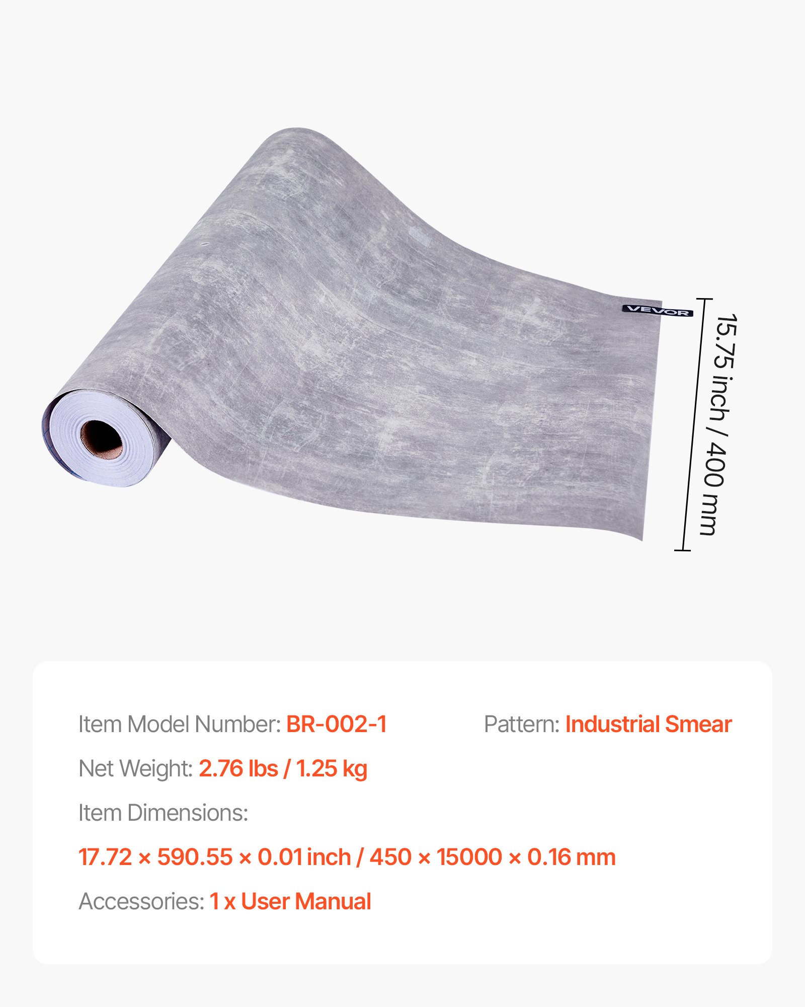 VEVOR Tapete selbstklebend, 45 cm x 15 m, Wandtapete, Klebefolie in Industrie-Stil, Möbelfolie, Möbelaufkleber, dekorative Tapetenrolle für Schlafzimmer, Küche, Büro, Badezimmer, dunkelgrau