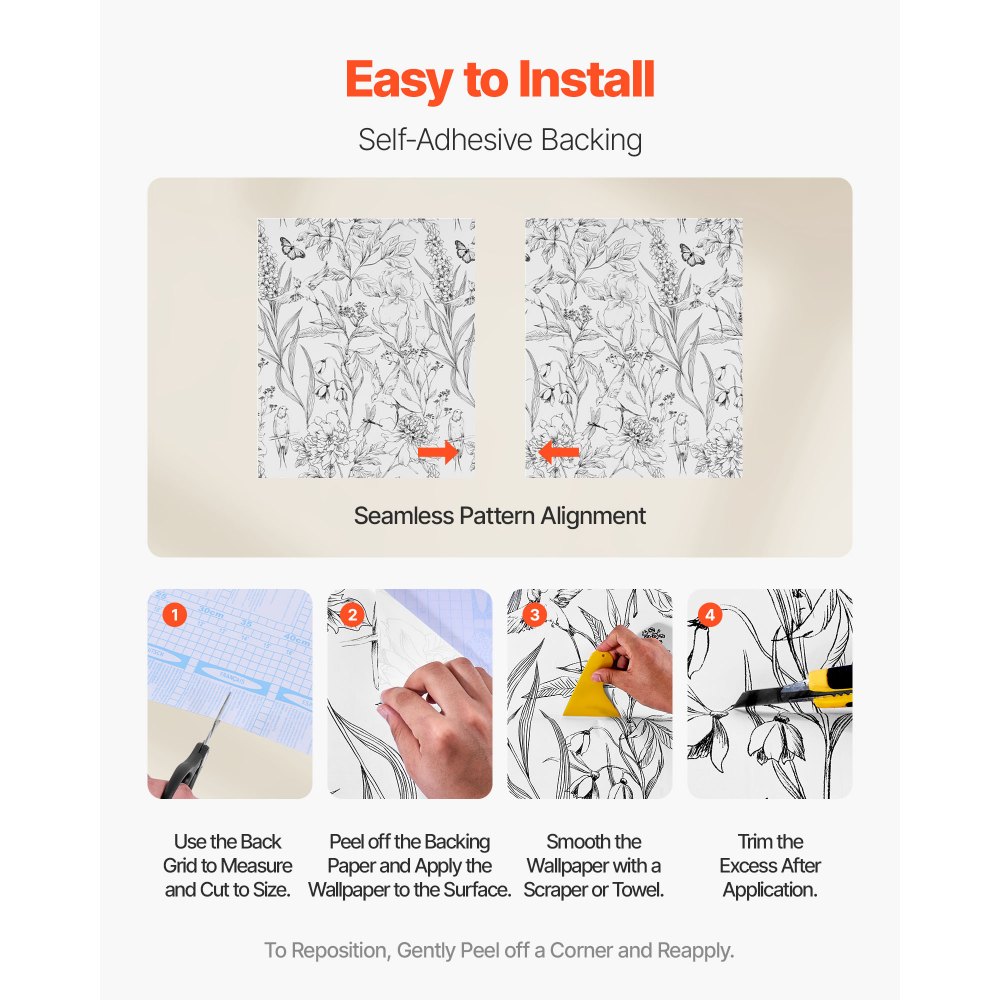 VEVOR Peel and Stick Wallpaper, 45cm x 10m Contact Paper White Line Art Botanical Floral Waterpoof Self Adhesive, Easy to Clean Wall Decorative Vinyl Roll for Bedroom Kitchen Office Bathroom