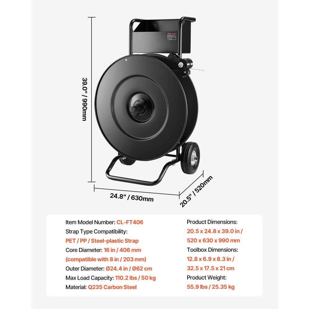 VEVOR Abrollwagen, passend für PET-/PP-/Stahl-Umreifungsrollen mit 203/406 mm Kerngröße, robuster Umreifungsspender mit verbesserter Trommelbremse, integrierte geräumige Ablage für Werkzeuge