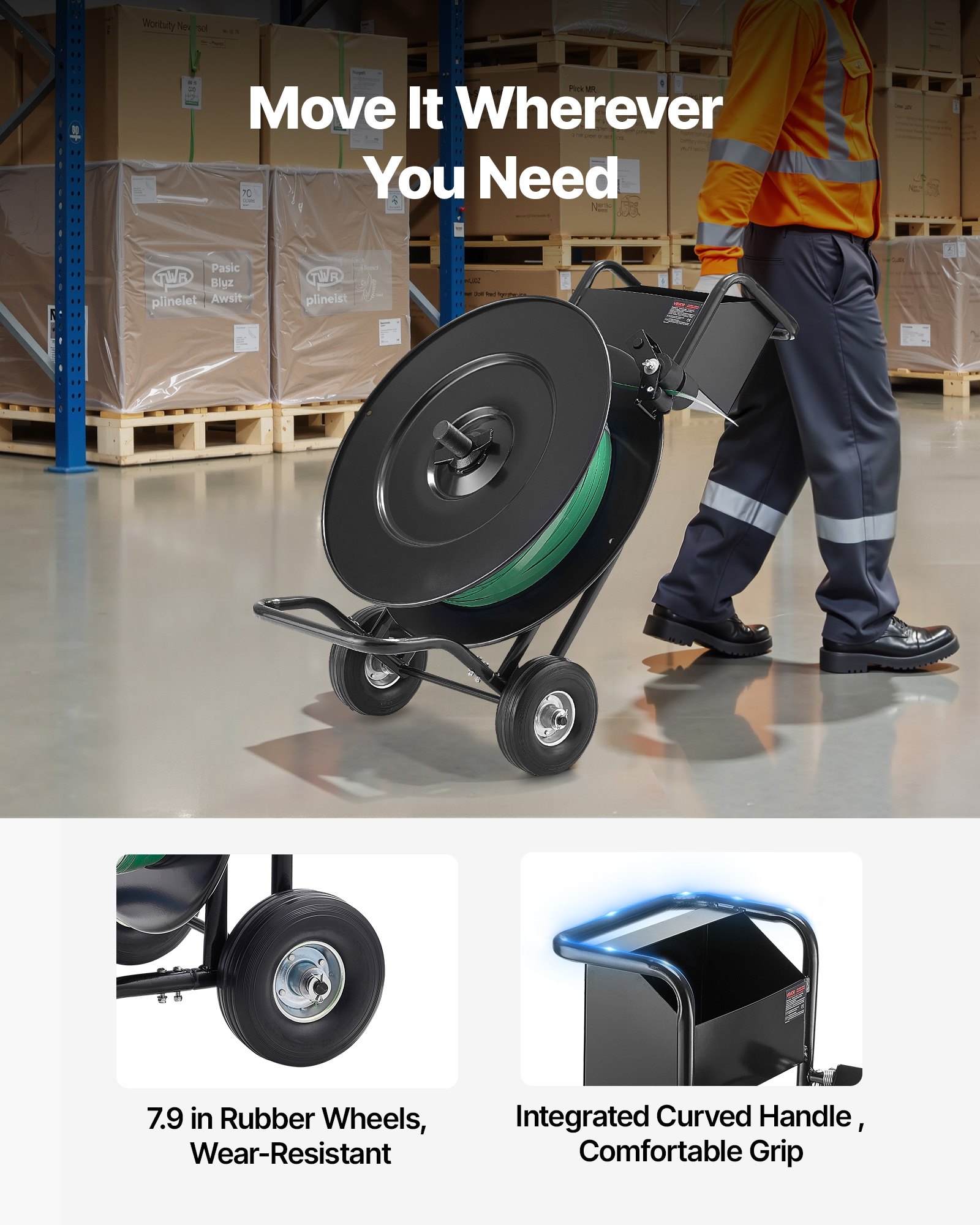 VEVOR Banding Strapping Cart, Fit for PET / PP / Steel Strapping Coils with 20.3/40.6 cm Core Size, Heavy Duty Strapping Dispenser Equipped with Upgrade Drum Brake, Built-in Spacious Tray for Tools