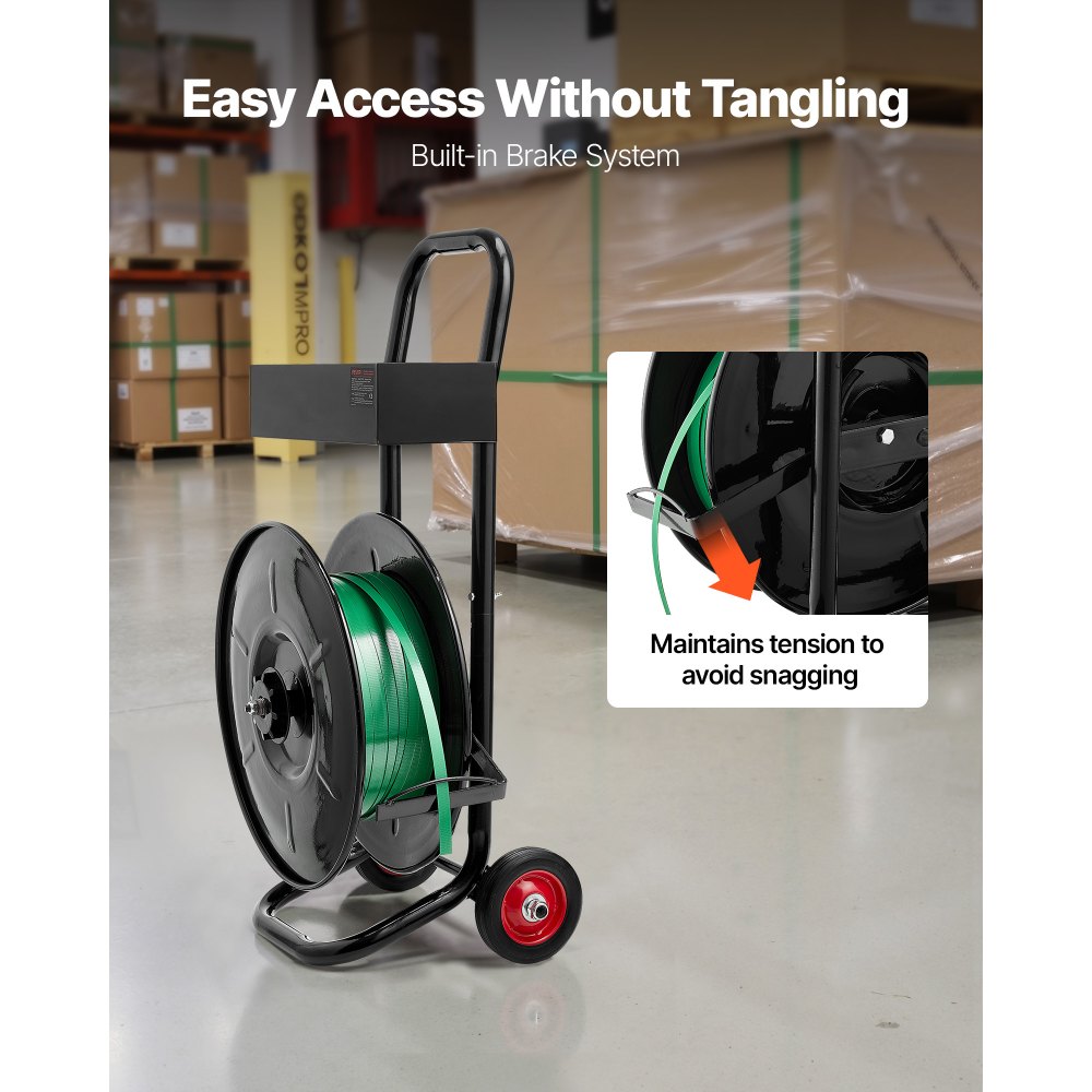 VEVOR Banding Strapping Cart, Fit for PET / PP / Polyester Strapping Coils with 20.3 cm Core Size, Heavy Duty Strapping Dispenser Equipped with Upgrade Brake System, Built-in Spacious Tray for Tools