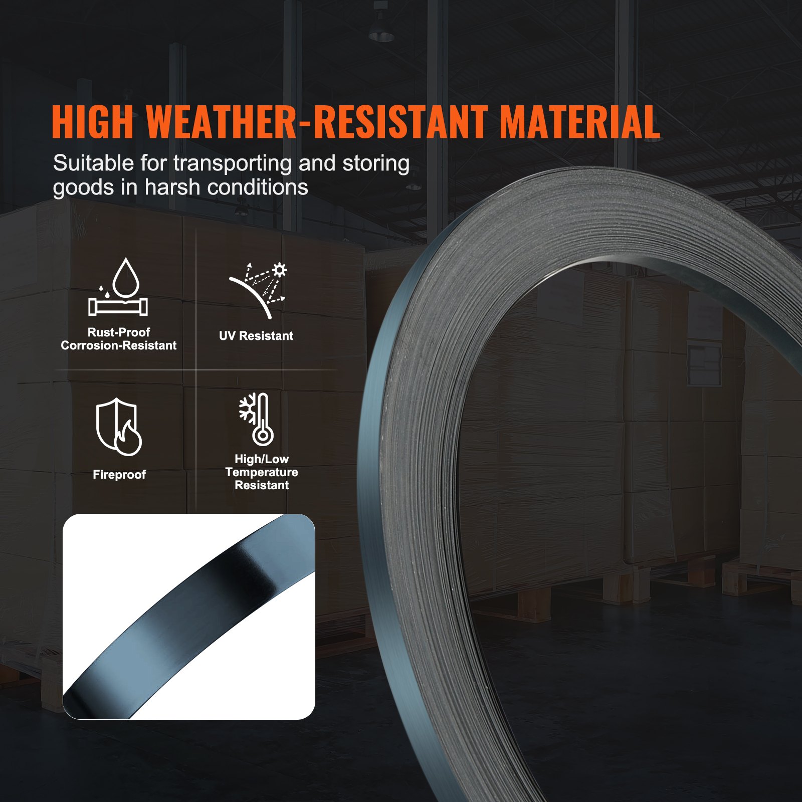 VEVOR Umreifungsbandrolle aus Stahl, 330 Fuß Länge x 1/2 Zoll Breite x 0,016 Zoll Dicke, 1100 lbs Bruchfestigkeit, Hochleistungs-Umreifungsbandrolle für Paletten, tragbare, starke Umreifungsbänder aus Metall, schwarz