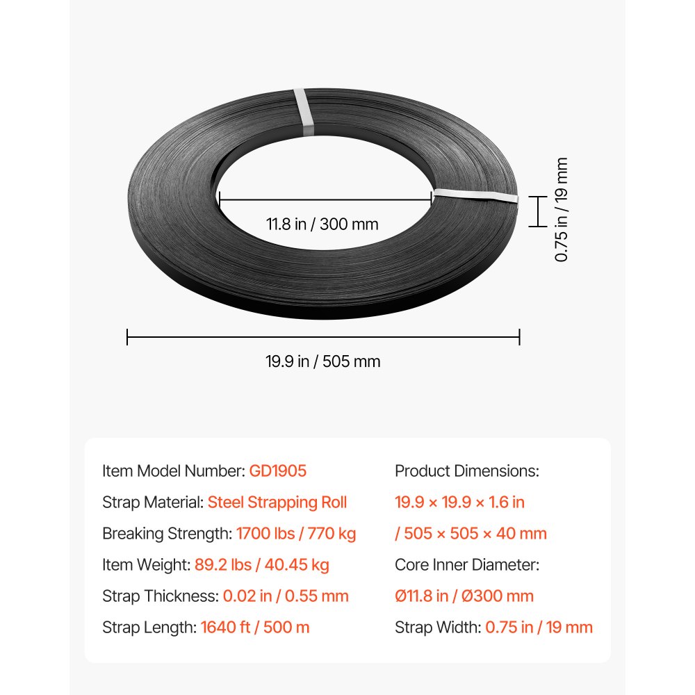 VEVOR Umreifungsstahlband, 19 mm x 55 mm x 500 m, Verpackungsstahlband, Metallbandrolle, Stahlband, 770 kg Bruchfestigkeit, Stahlumreifungsbänder, Hochleistungsbandrolle für Palettenverpackung