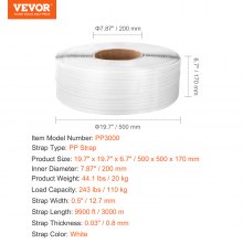 VEVOR Packaging Umreifungsrolle aus Polypropylen (PP), 9900' Länge x 1/2" Breite x 0,03" Dicke, 243 lbs Bruchfestigkeit, Hochleistungs-Umreifungsbandrolle für Paletten, tragbare, starke Packbänder, weiß