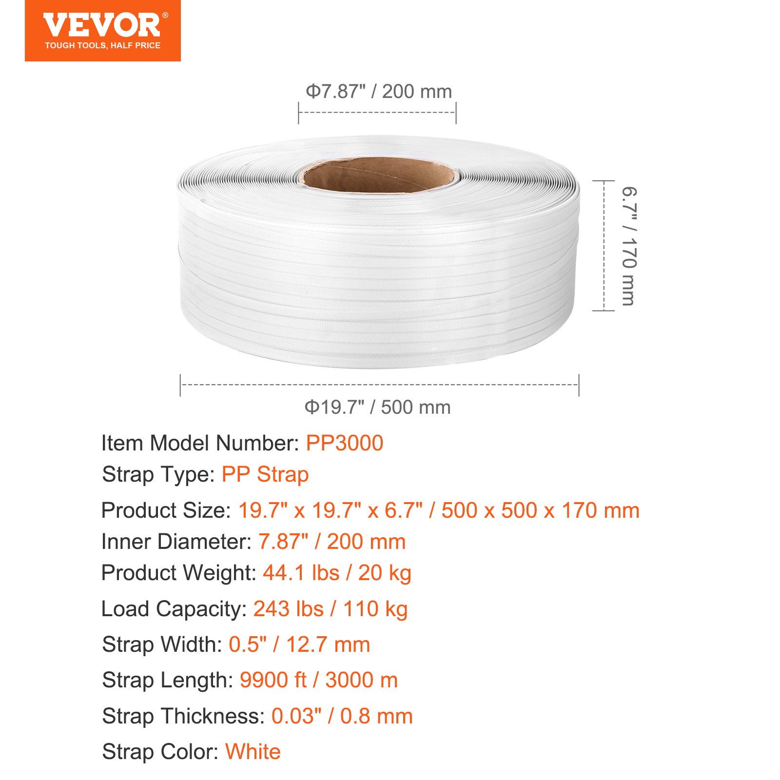 VEVOR Packaging Umreifungsrolle aus Polypropylen (PP), 9900' Länge x 1/2" Breite x 0,03" Dicke, 243 lbs Bruchfestigkeit, Hochleistungs-Umreifungsbandrolle für Paletten, tragbare, starke Packbänder, weiß