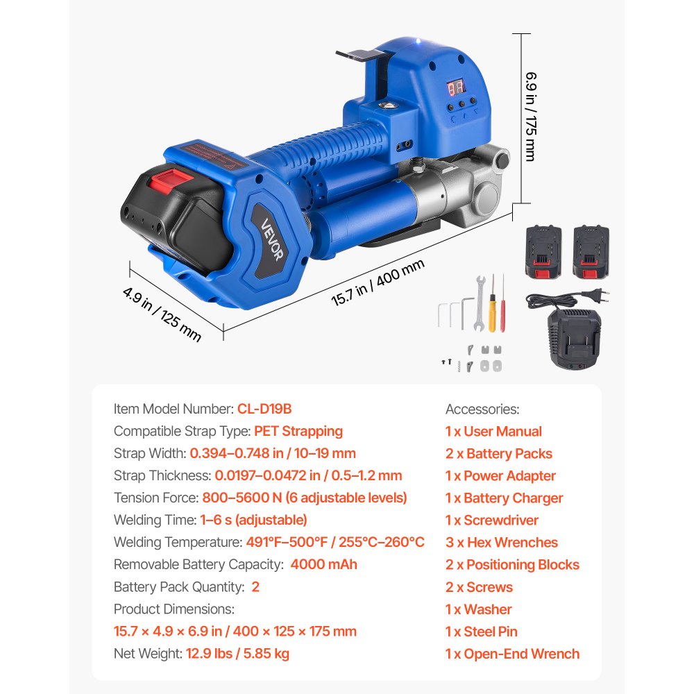 VEVOR Umreifungsgerät, 2 x 4000 mAh Akku, Umreifungsmaschine mit Digitalanzeige für 10–19 mm breite PET-Bänder, Bandverpackungsmaschine für ideal für Fabriken, Lagerhallen, & Logistikzentren