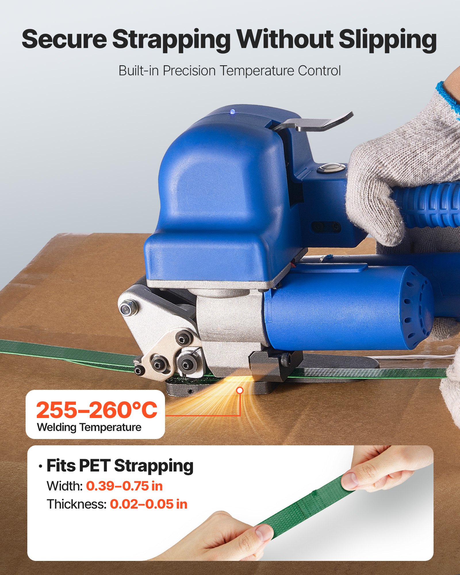 VEVOR Umreifungsgerät, 2 x 4000 mAh Akku, Umreifungsmaschine mit Digitalanzeige für 10–19 mm breite PET-Bänder, Bandverpackungsmaschine für ideal für Fabriken, Lagerhallen, & Logistikzentren