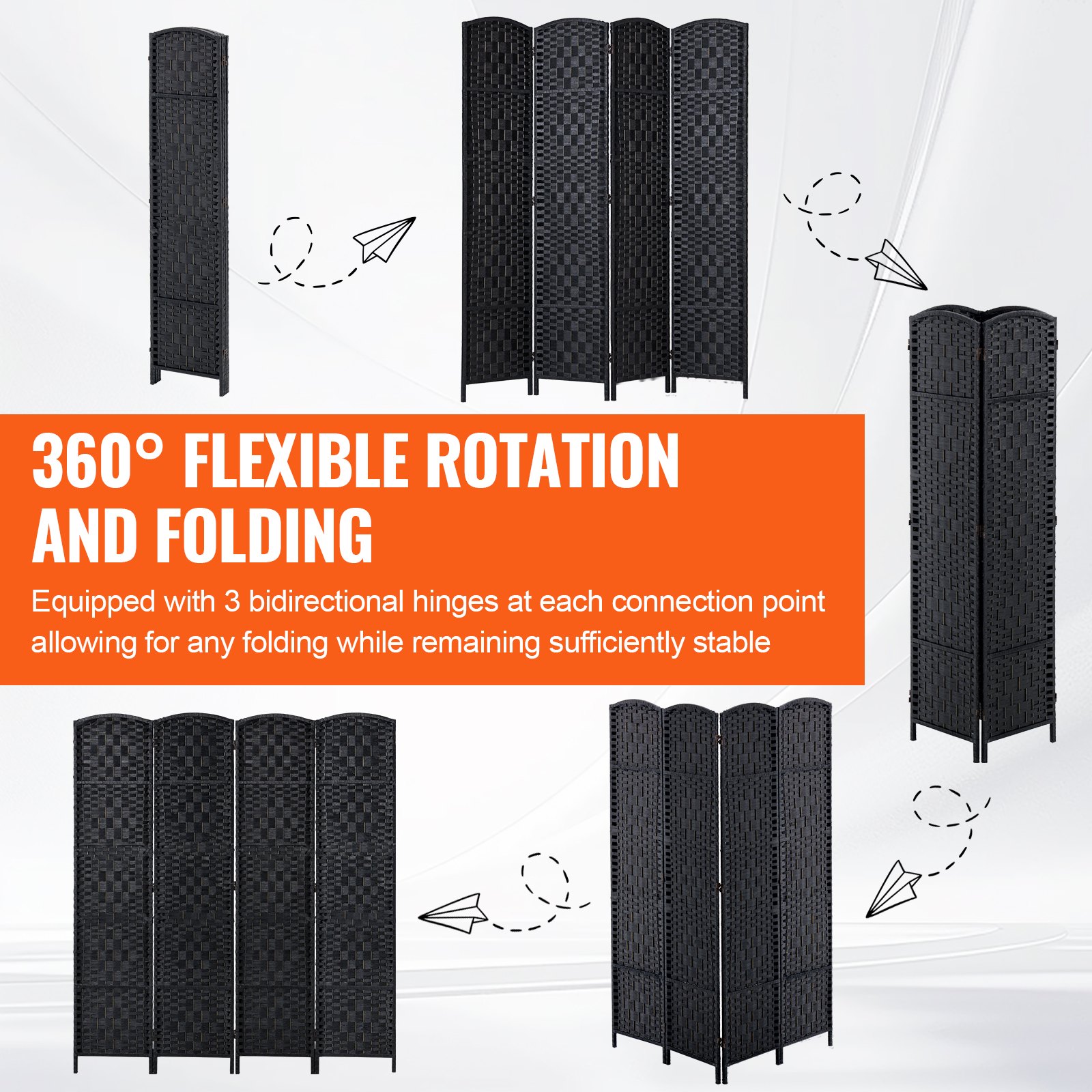 VEVOR Raumteiler Raumtrenner Paravent Deko mit 4 Paneelen, handgewebte faltbare Sichtschutzwände mit Scharnieren, tragbare und freistehende Raumteiler zur Raumtrennung, schwarz 1795x1630x19mm