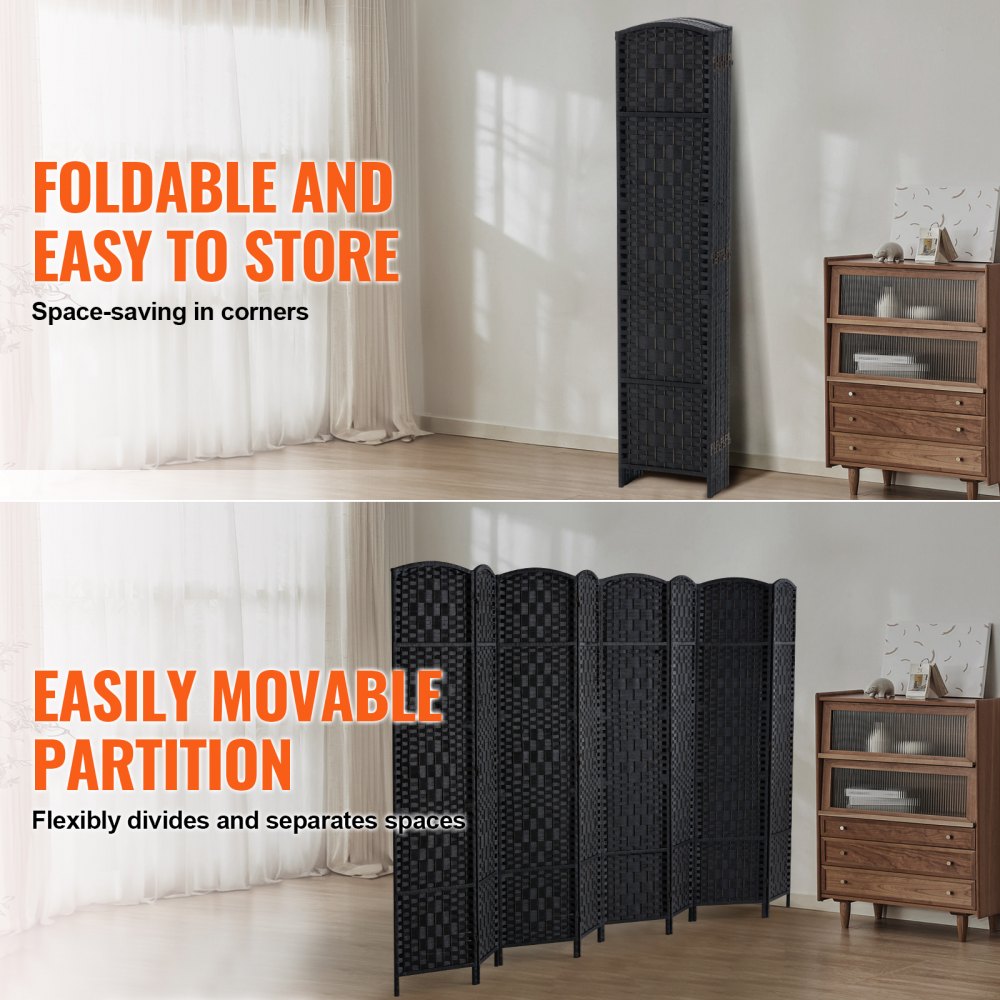 VEVOR Room Divider, Room Partition, Folding Screen, Decorative Panel with 8 Panels, Handwoven Foldable Privacy Screens with Hinges, Portable and Freestanding Room Dividers for Room Partitioning, Black 1795 x 3255 x 19 mm