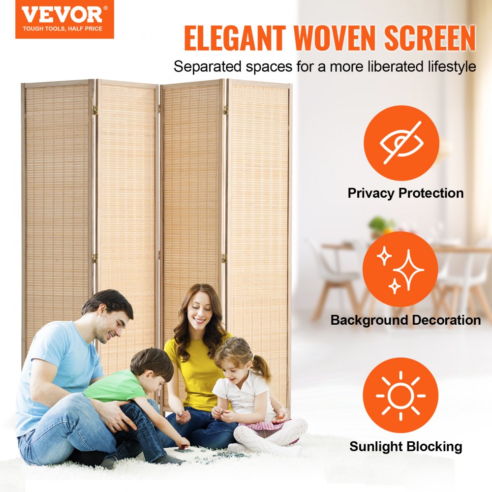VEVOR Room Divider with 4 Panels, Handwoven Bamboo Privacy Screen, Foldable Room Divider with Hinges, Portable & Freestanding Room Divider for Room Partitioning, Living Room, Bedroom, Natural