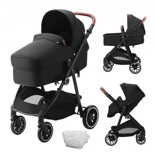 VEVOR Standard-Kinderwagen Kinderbuggy mit Babywanne verstellbarer Rückenlehne mit 3. Gang und klappbarem und umkehrbarem Sitz Buggy für Neugeborene aus Karbonstahl mit Beinabdeckung und Netz Schwarz