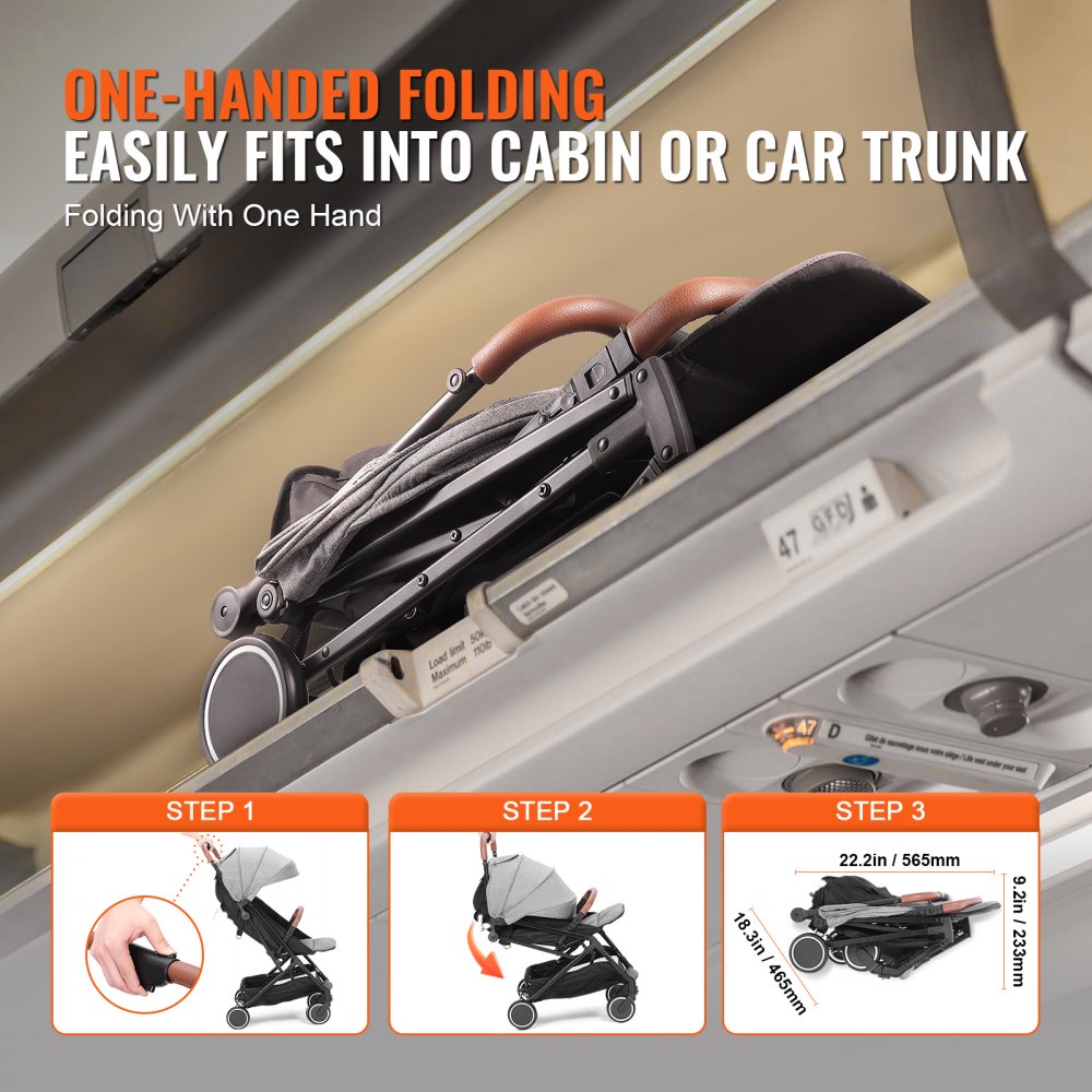 VEVOR Kinderwagen 71 x 44 x 107cm, mit 95°-175° verstellbarer Rückenlehne und 0/90° verstellbarer Fußstütze und Ein-Klick-Faltfunktion, Kinderbuggy mit Getränkehalter und Tragetasche, Dunkelgrau