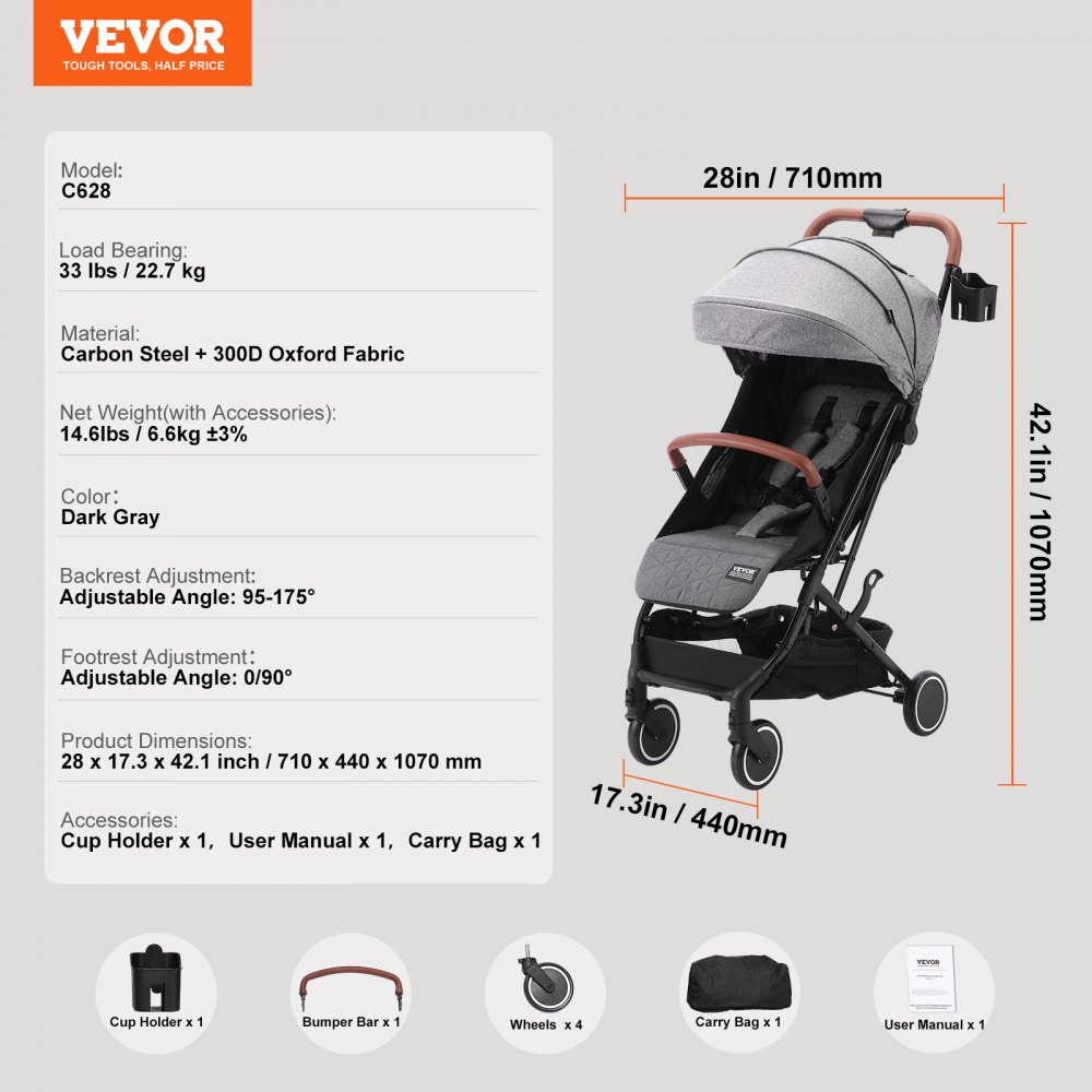 VEVOR Kinderwagen 71 x 44 x 107cm, mit 95°-175° verstellbarer Rückenlehne und 0/90° verstellbarer Fußstütze und Ein-Klick-Faltfunktion, Kinderbuggy mit Getränkehalter und Tragetasche, Dunkelgrau