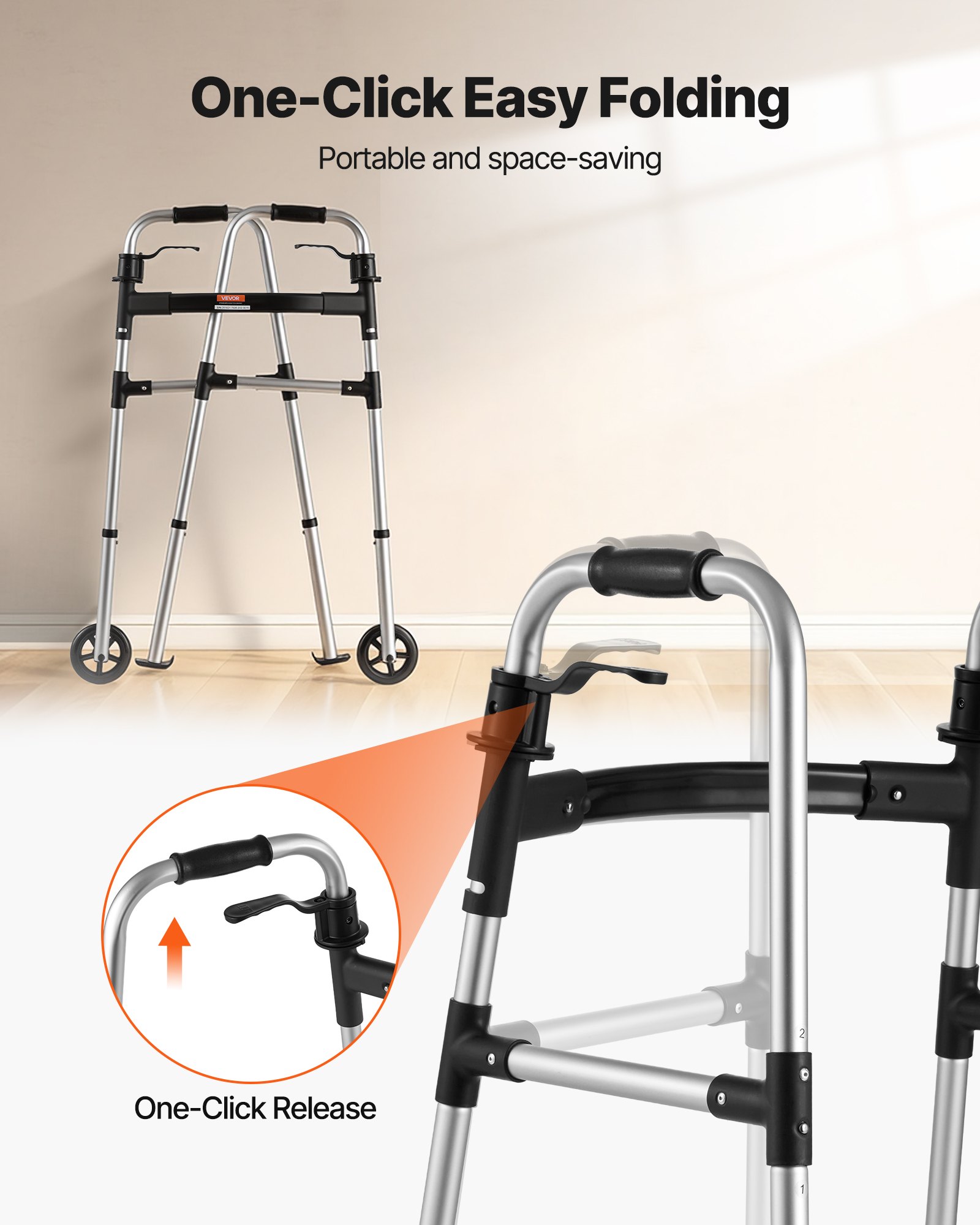 VEVOR Gehgestell 158 kg, Gehilfe mit Rädern & 8-fach verstellbarer Höhe, Gehrahmen aus leichtem Aluminium, Rollator mit Vorderrädern für Senioren & Erwachsene, Gehbock 605x385x755-955 mm