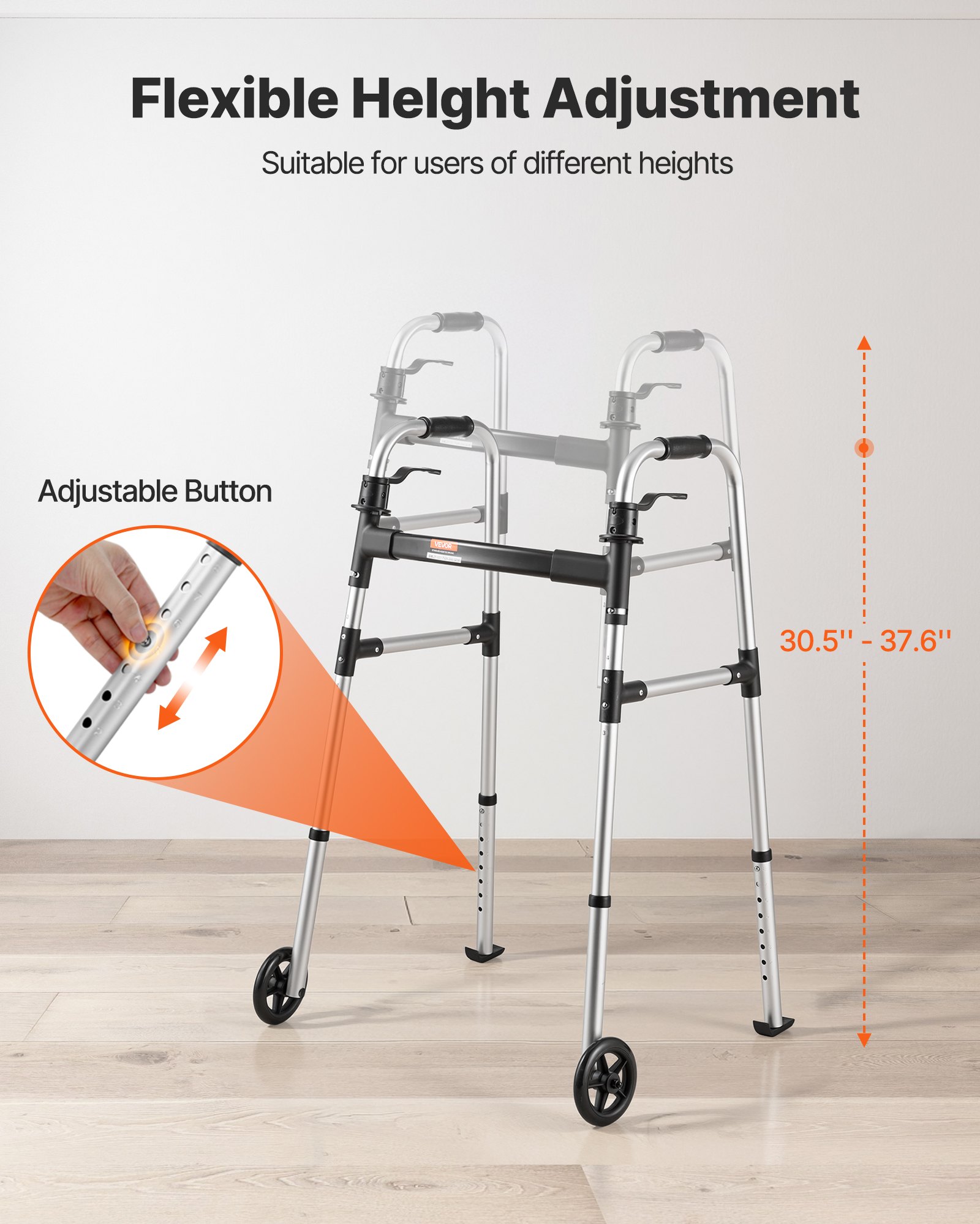 VEVOR Gehgestell 158 kg, Gehilfe mit Rädern & 8-fach verstellbarer Höhe, Gehrahmen aus leichtem Aluminium, Rollator mit Vorderrädern für Senioren & Erwachsene, Gehbock 605x385x755-955 mm
