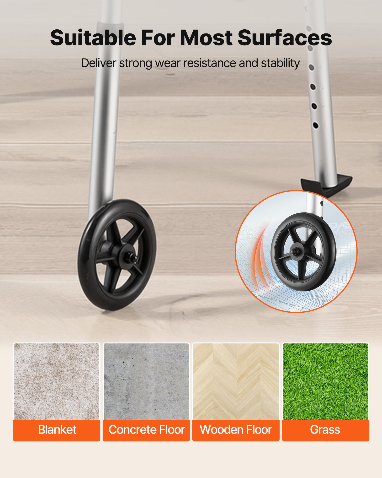 VEVOR Gehgestell 158 kg, Gehilfe mit Rädern & 8-fach verstellbarer Höhe, Gehrahmen aus leichtem Aluminium, Rollator mit Vorderrädern für Senioren & Erwachsene, Gehbock 605x385x755-955 mm