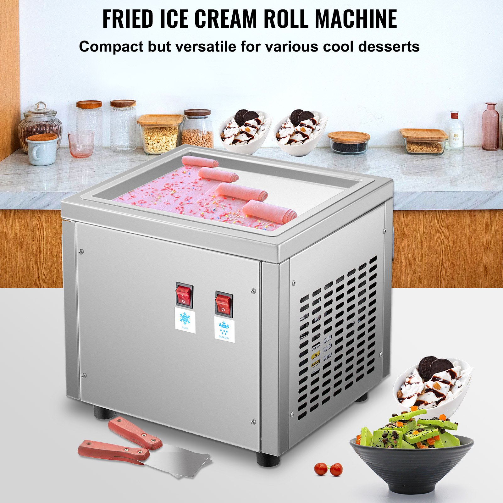 VEVOR 280 W Kommerzielle Roll-Eismaschine Gebratenes Eis Maschine, Ice Cream Rolls 24 x 28 cm Produktionsbereich Edelstahl Rolleismaschiene Platte Fried Ice Cream Roll Machine Thai Eis Maschine