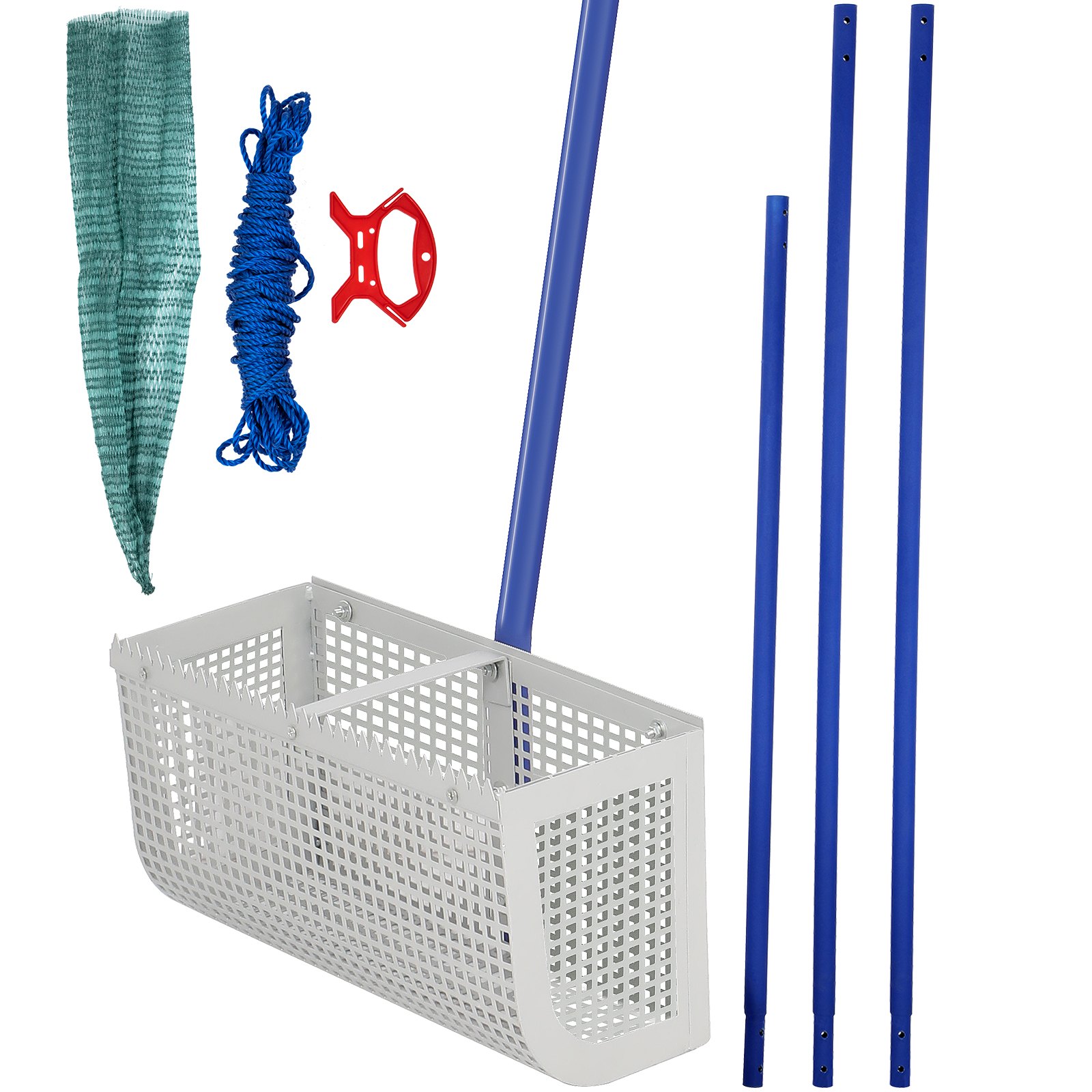 VEVOR Rasenrechen aus Aluminium & Edelstahl Rasenharke 420x40x18 cm Harke mit Metall-Filtergittern 20 m Seil & Netzbeutel Rechen mit Stiel Blau geeignet zum Entfernen von Wasserunkräuter Algen usw.