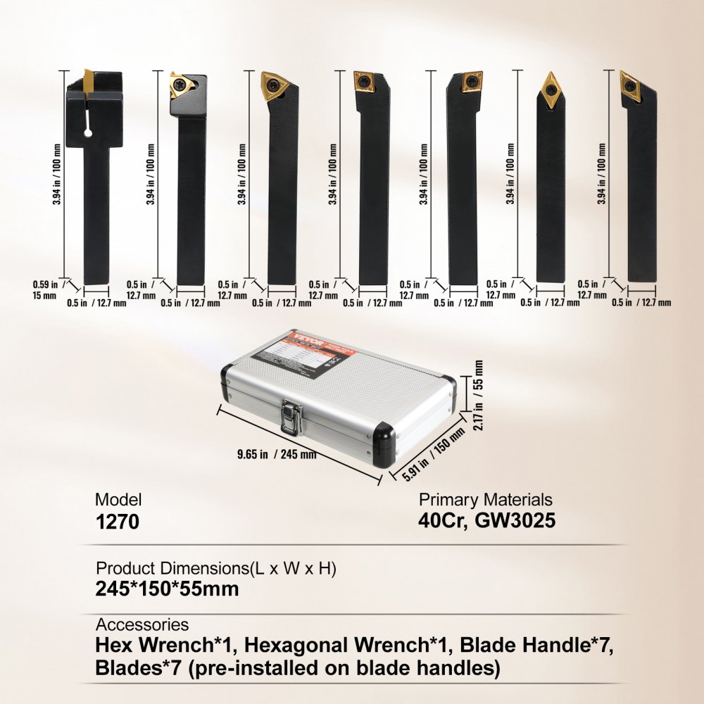 VEVOR Drehmeißel-Set mit Wendeplatten Drehmeißel Wendeplatten 1/2 Zoll 7-teilig