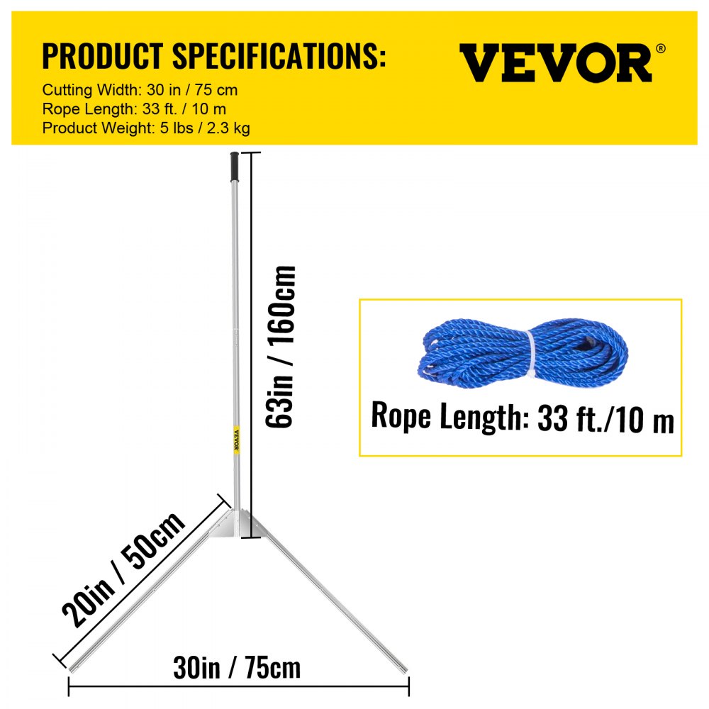 VEVOR Rasenrechen 75 cm Schnittbereich Rasenharke 50 cm V-förmige Klinge Alu-Rechen für Teich mit 10 m Seil(10 m Reichweite) 160 cm Griff Ideal zur