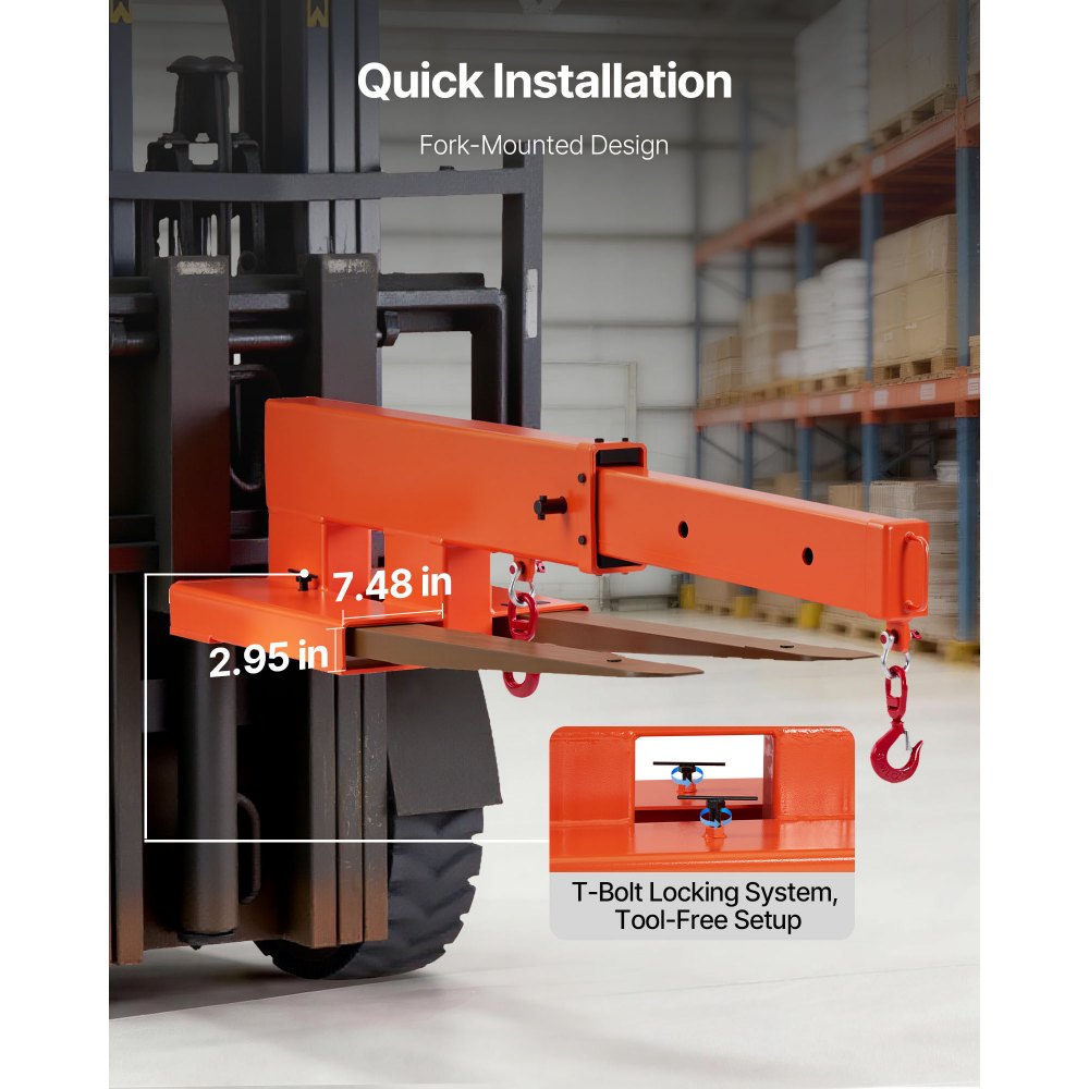 VEVOR Kranarm für Gabelstapler 2495kg, Gabelstapler Lastarm mit 2 360º Wirbelhaken, Manueller 3 Stufiger Teleskoparm für 1200-1867mm Auszugsbereich, Staplerkran Zubehör für Baustelle Fabrik Lager