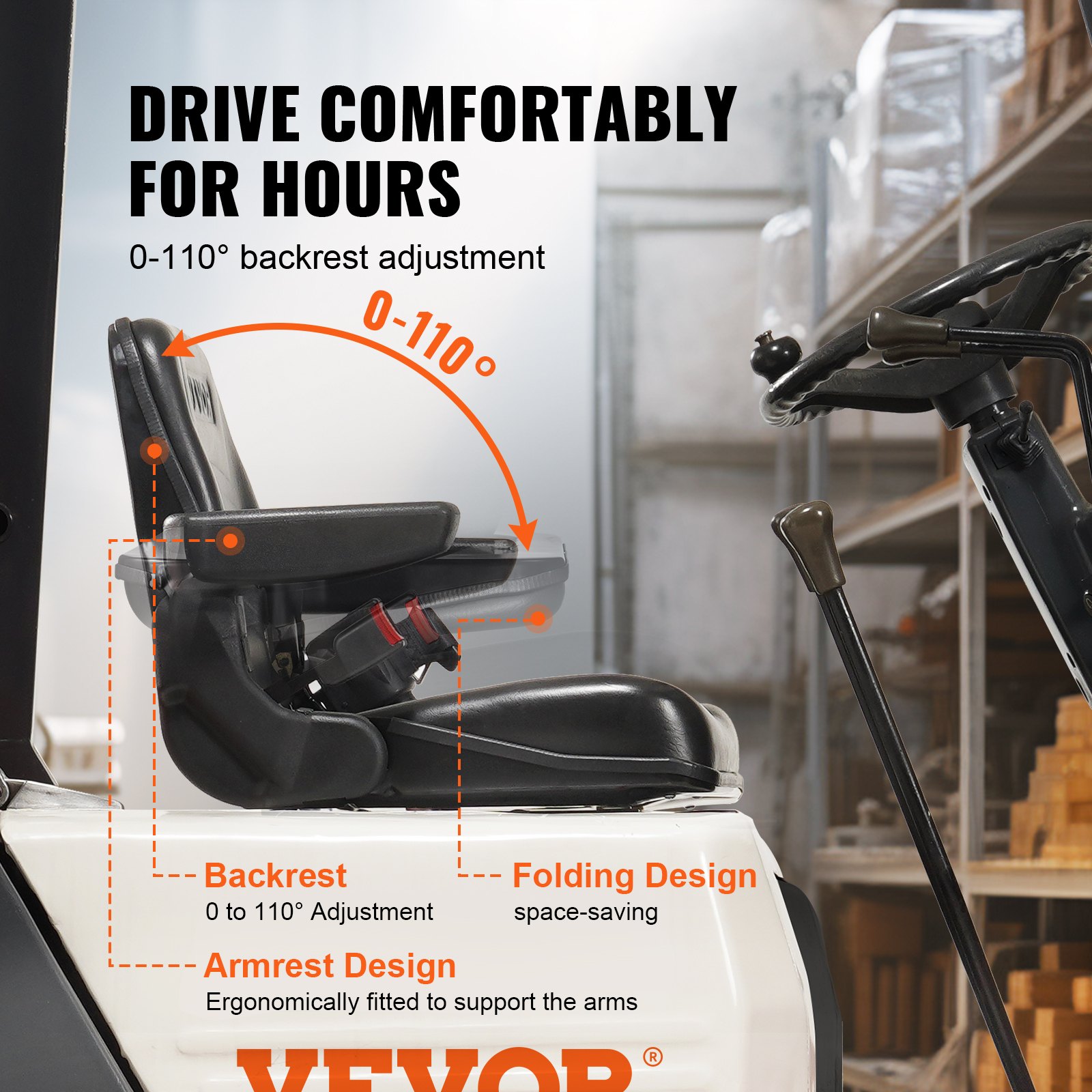 VEVOR Universal Tractor Seat made of PVC synthetic leather and polyurethane foam. Tractor seat with adjustable backrest and micro safety switch. Driver's seat with armrests and seat belt.