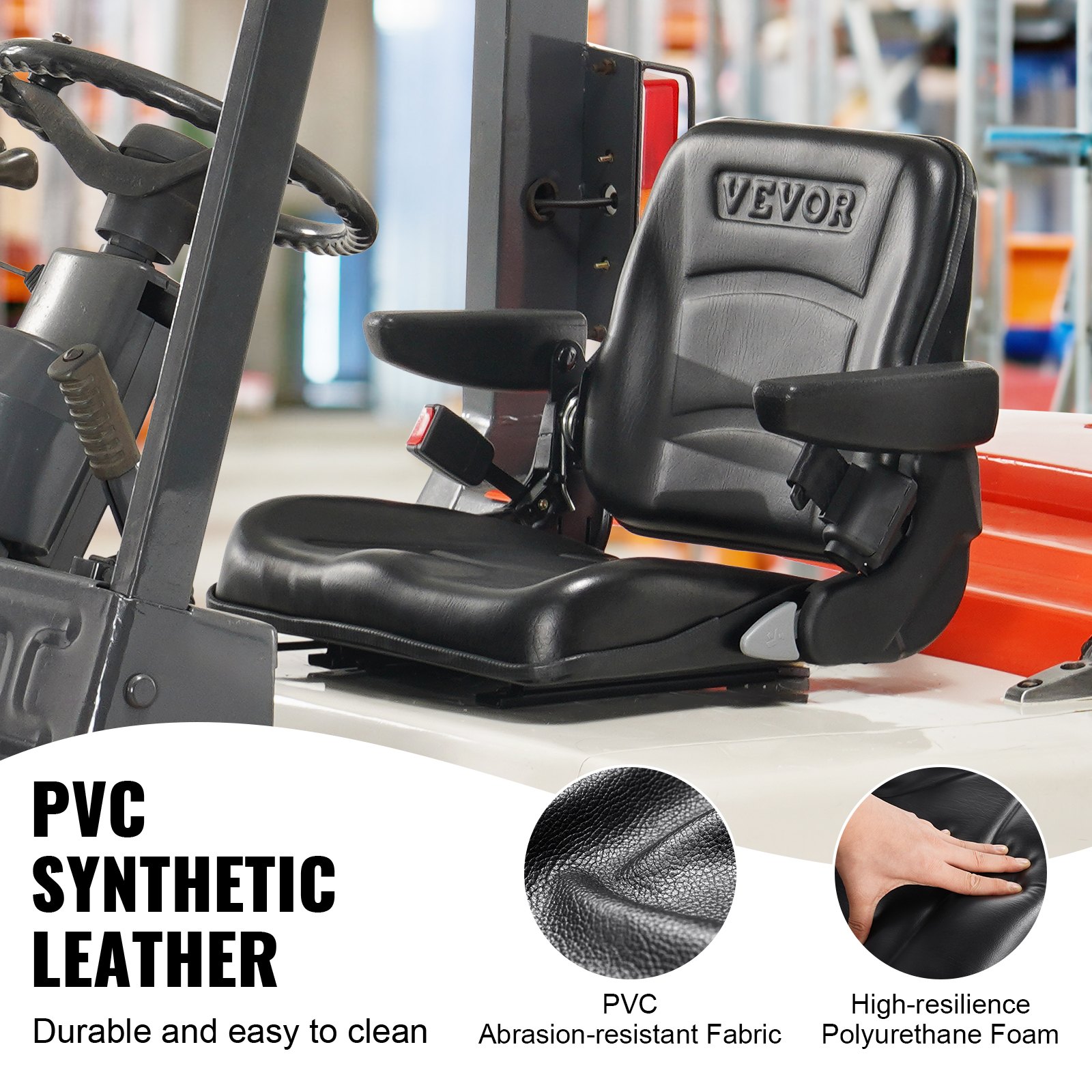 VEVOR Universal Tractor Seat made of PVC synthetic leather and polyurethane foam. Tractor seat with adjustable backrest and micro safety switch. Driver's seat with armrests and seat belt.