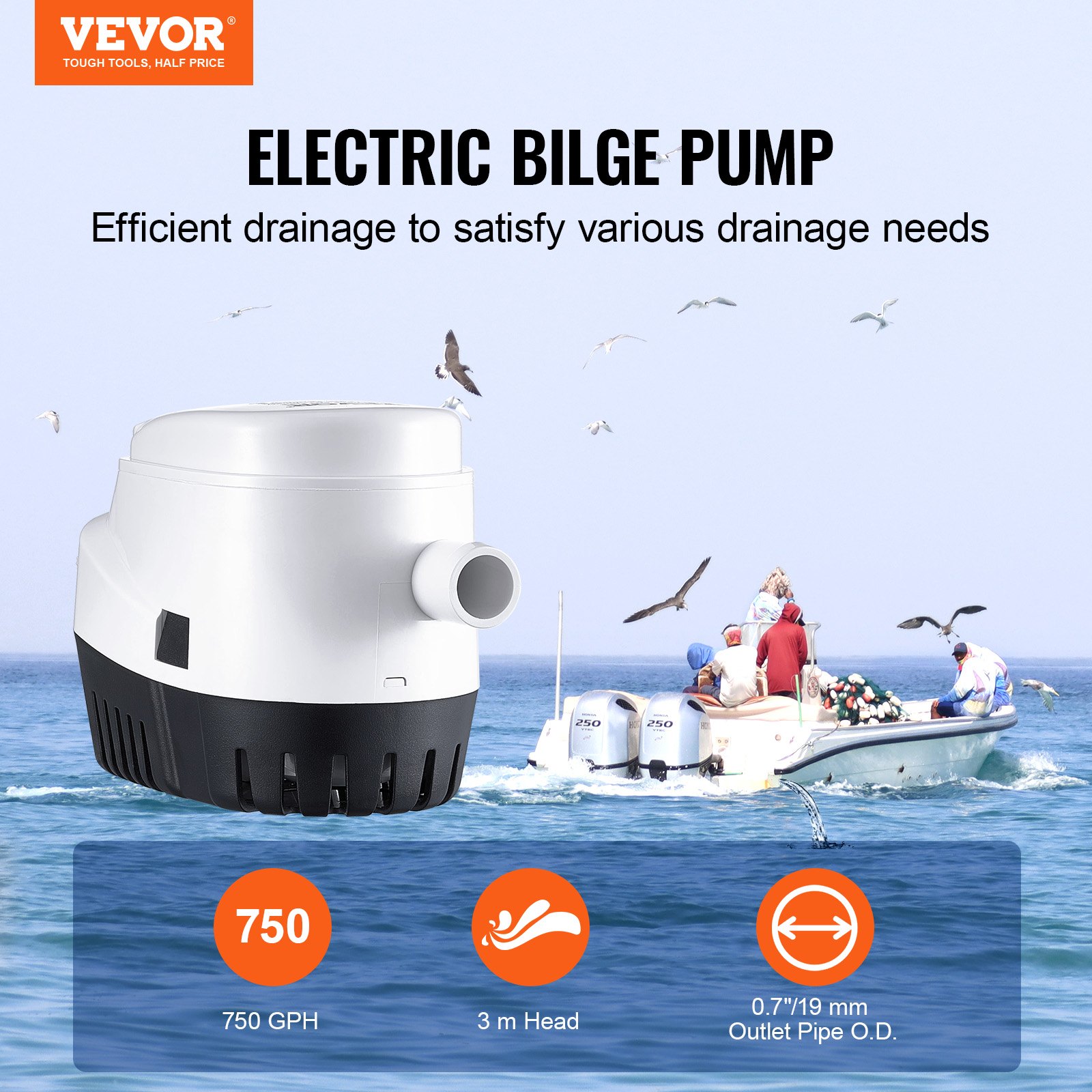 VEVOR Bilgenpumpe 750 GPH 12 V Lenzpumpe für Boote mit Schwimmerschalter, 19 mm Auslassdurchmesser, kleine Boots-Bilgenpumpe, elektrische Marine-Bilgenpumpe für Boote, Teiche, Pools, Keller
