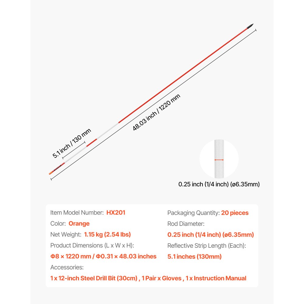 VEVOR Driveway Markers, 20Pcs 122cm Long 6.35mm Dia, Hi-Visibility Driveway Reflectors with 12 in Steel Drill Bits, Reflective Snow Sticks Fiberglass Pole for Parking Lots, Walkways, Snow Plowing