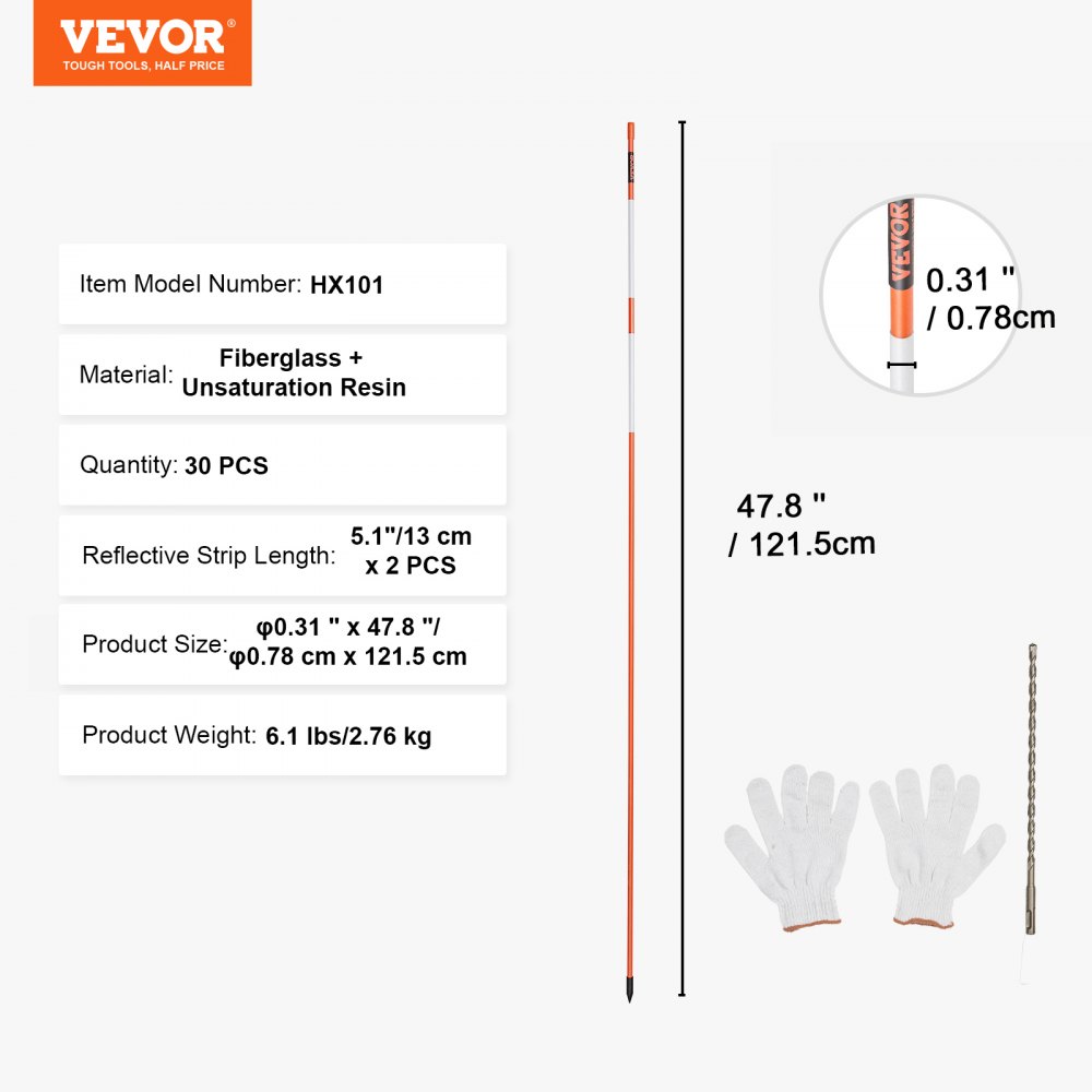 VEVOR Einfahrtsmarkierungen, 30 Stk. 121,92 cm, 1,02 cm Durchmesser, orangefarbene Glasfaserstangen, Schneepfähle mit reflektierendem Band, 30,48 cm Stahlbohrer und Schutzhandschuhe für Parkplätze, Ge