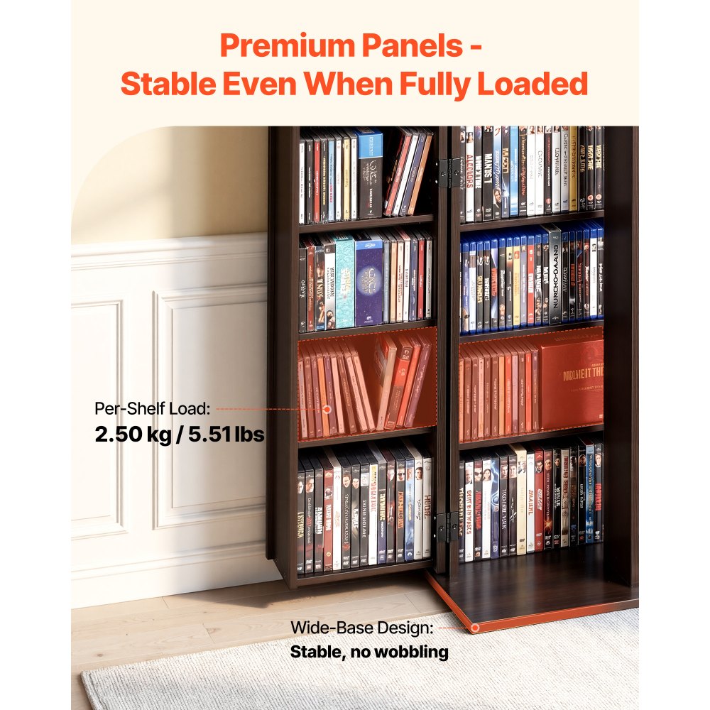 VEVOR Media Storage Cabinet, 6-Tier DVD Shelf Organizer, 610 x 368 x 1270 mm Multimedia Storage Organizer for CDs, DVDs, Books, Games, CD Shelf for Living Room, Home Office, Recording Room, Brown