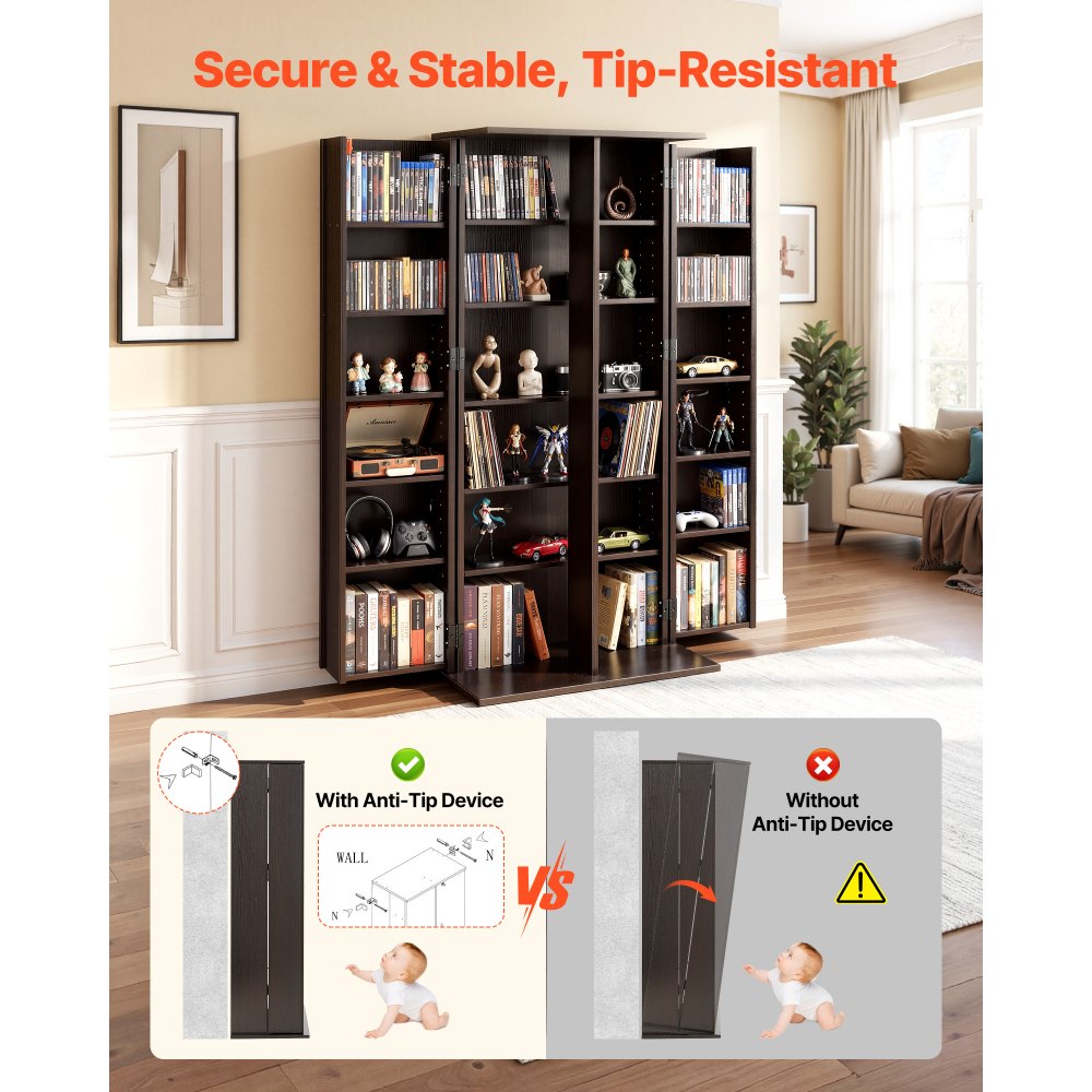 VEVOR Media Storage Cabinet, 6-Tier DVD Shelf Organizer, 610 x 368 x 1270 mm Multimedia Storage Organizer for CDs, DVDs, Books, Games, CD Shelf for Living Room, Home Office, Recording Room, Brown