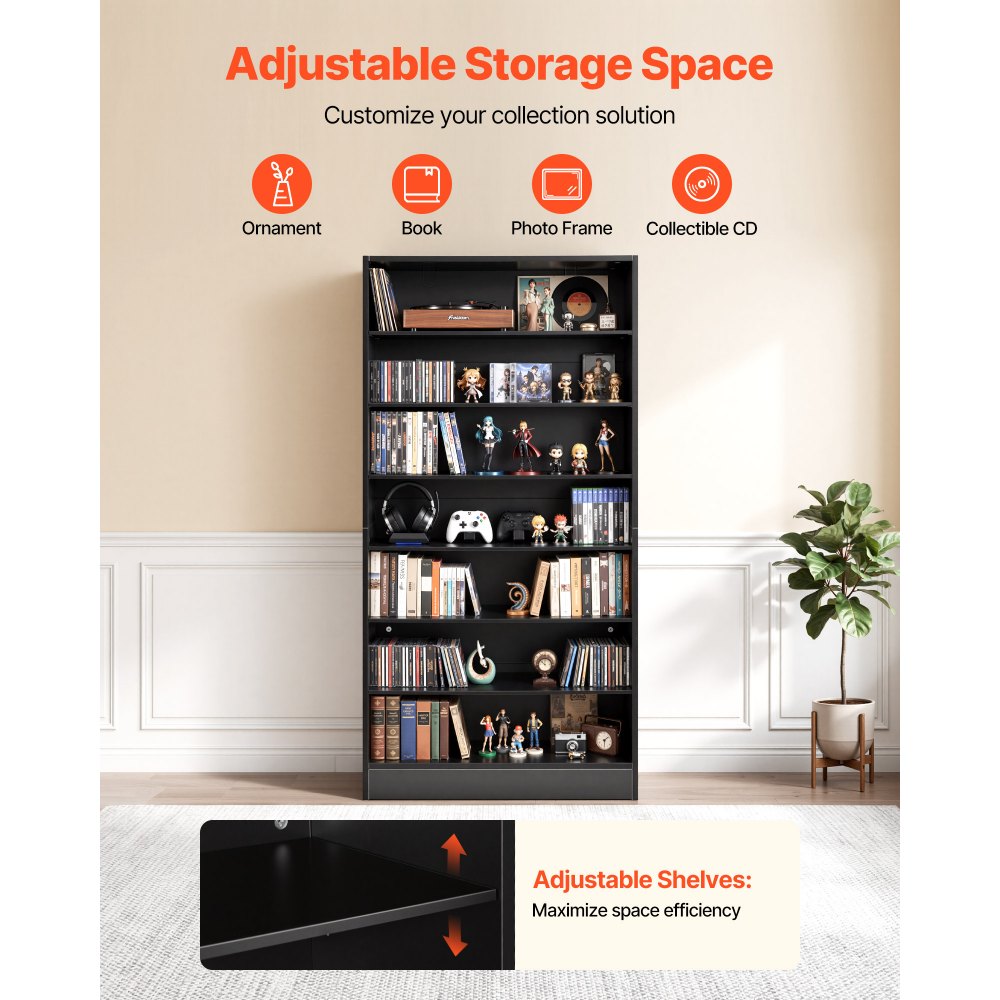 VEVOR DVD-Regal mit 7 Fächern, Medienregal Standregal 70 x 30 x 140 cm, Platzsparendes Aufbewahrungsregal für CDs DVDs Bücher Spiele-Discs, Bücherregal für Wohnzimmer/Homeoffic/Aufnahmeraum, Schwarz