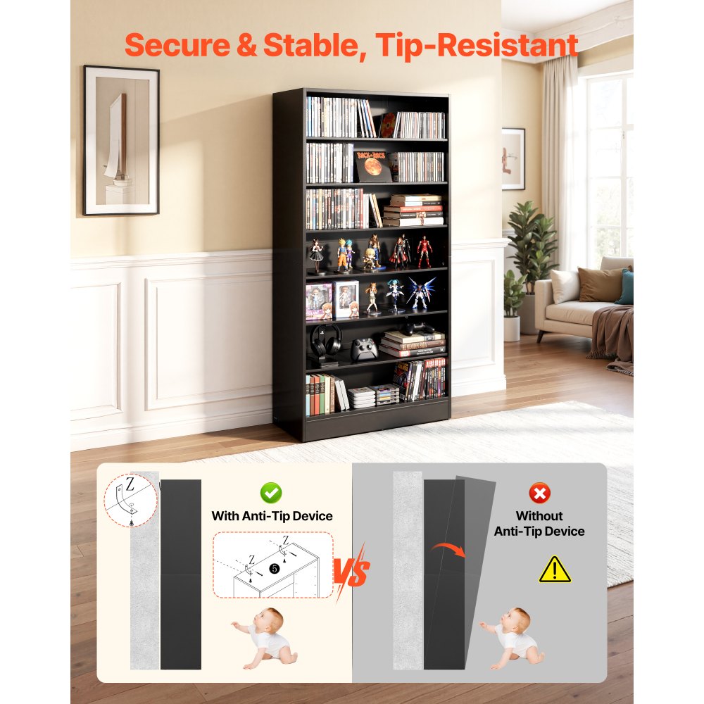 VEVOR DVD-Regal mit 7 Fächern, Medienregal Standregal 70 x 30 x 140 cm, Platzsparendes Aufbewahrungsregal für CDs DVDs Bücher Spiele-Discs, Bücherregal für Wohnzimmer/Homeoffic/Aufnahmeraum, Schwarz