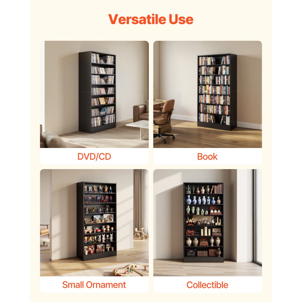 VEVOR DVD-Regal mit 7 Fächern, Medienregal Standregal 70 x 30 x 140 cm, Platzsparendes Aufbewahrungsregal für CDs DVDs Bücher Spiele-Discs, Bücherregal für Wohnzimmer/Homeoffic/Aufnahmeraum, Schwarz