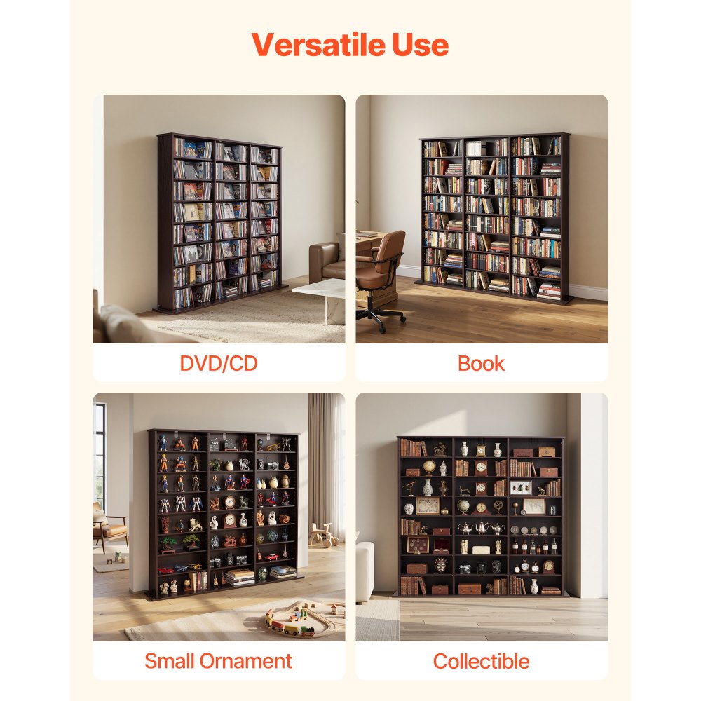 VEVOR DVD-Regal mit 24 Fächern (8 Ebenen), Medienregal Standregal 142 x 22 x 130 cm, Platzsparendes Aufbewahrungsregal für CDs DVDs Bücher Spiele-Discs, Bücherregal für Wohnzimmer/Homeoffice, Braun