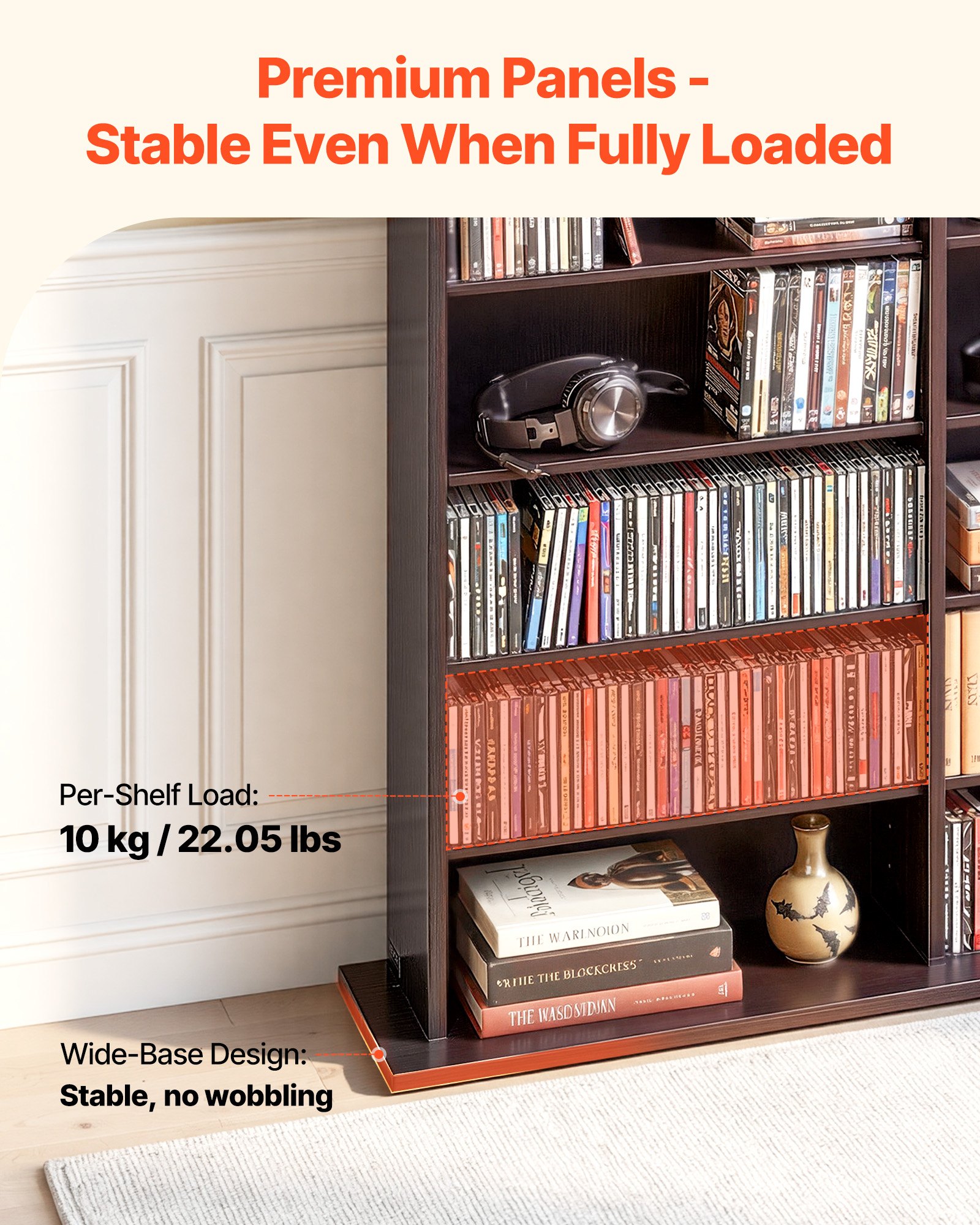 VEVOR DVD-Regal mit 24 Fächern (8 Ebenen), Medienregal Standregal 142 x 22 x 130 cm, Platzsparendes Aufbewahrungsregal für CDs DVDs Bücher Spiele-Discs, Bücherregal für Wohnzimmer/Homeoffice, Braun